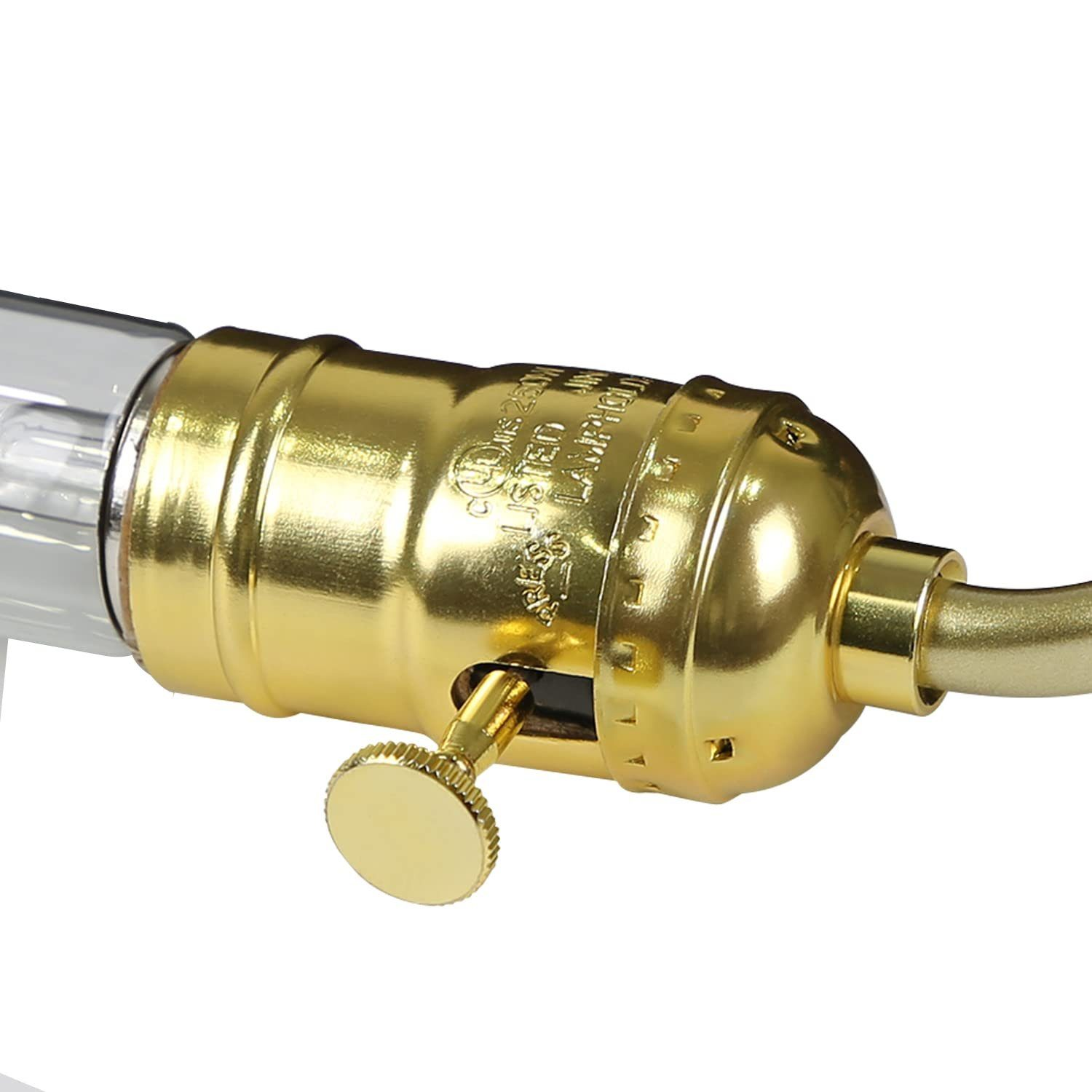 Zbliżenie mosiężnej oprawki lampy z żarówką. Małe pokrętło jest z boku.