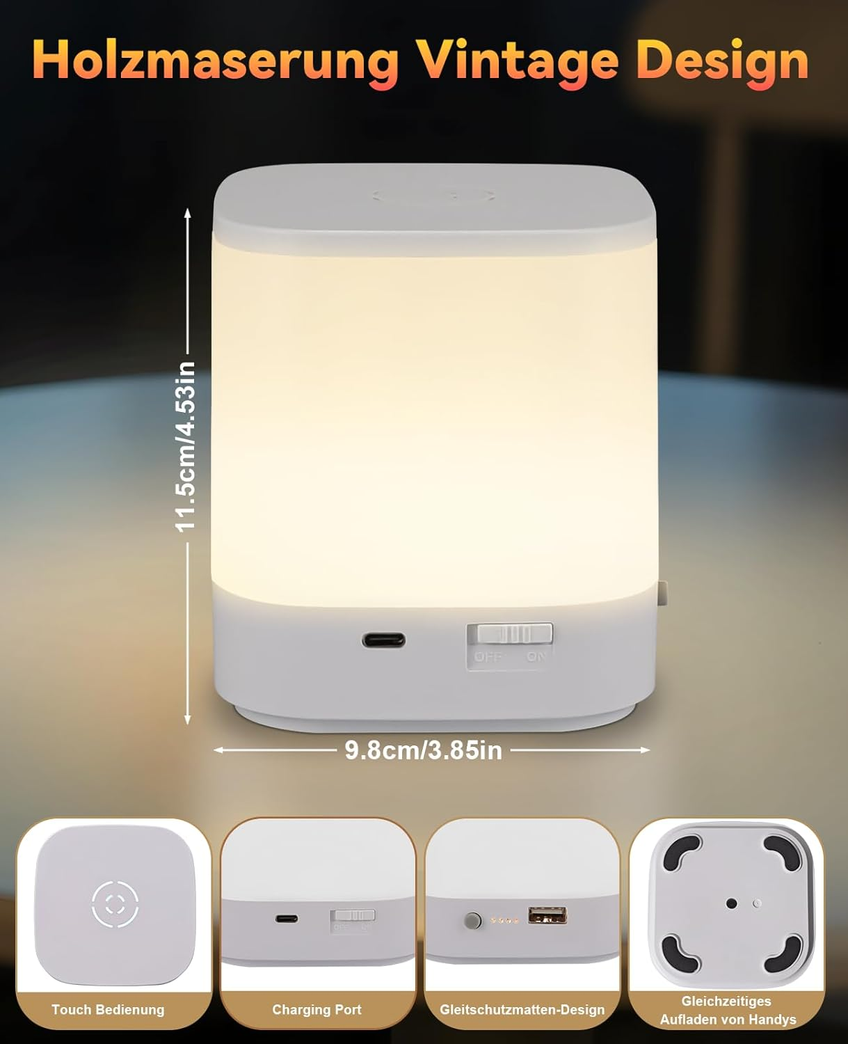 Biała lampka nocna z dotykowym sterowaniem, portem ładowania i wymiarami, z jasnym światłem.