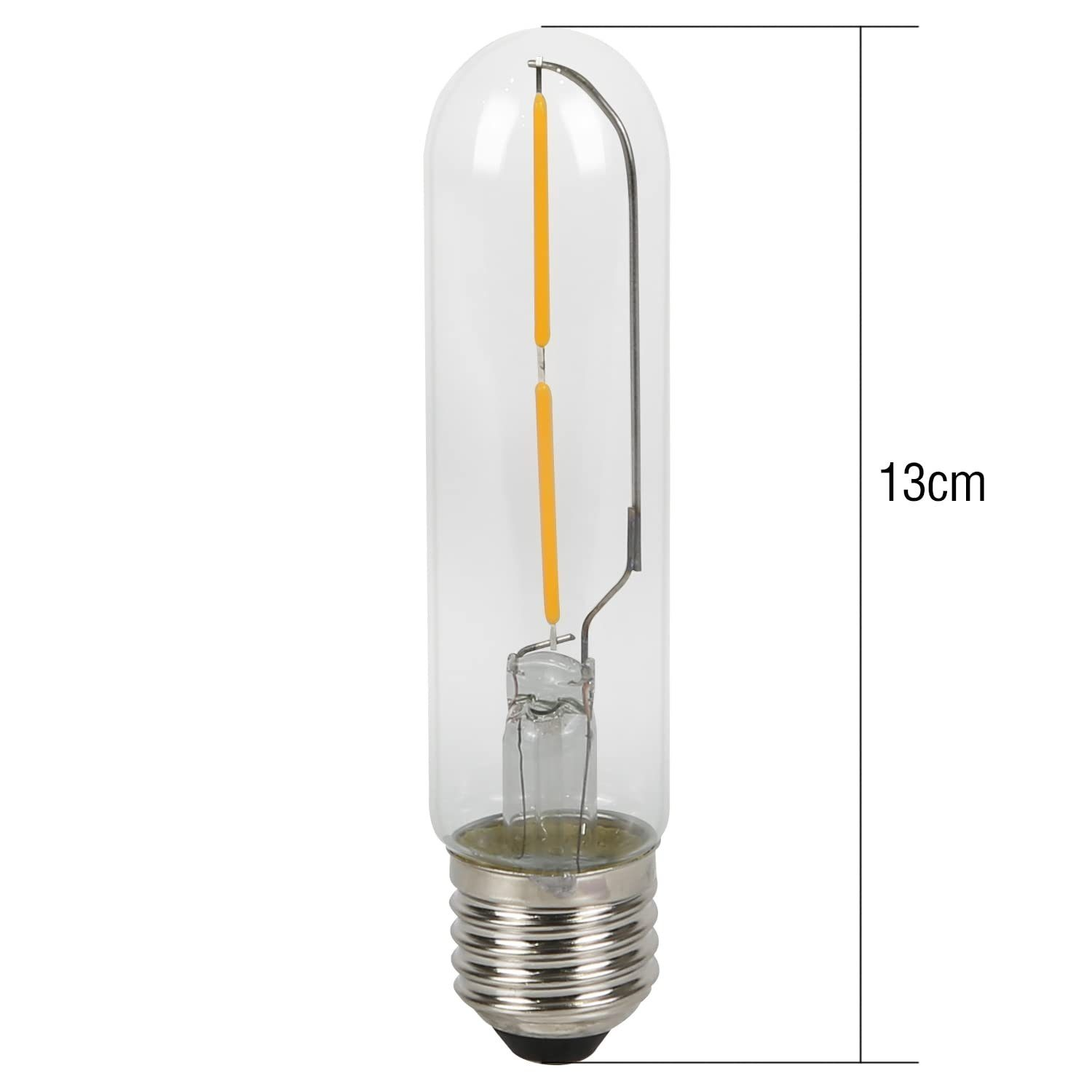 Zbliżenie długiej, przezroczystej szklanej żarówki z dwoma żółtymi włóknami wewnątrz, ze srebrną podstawą.