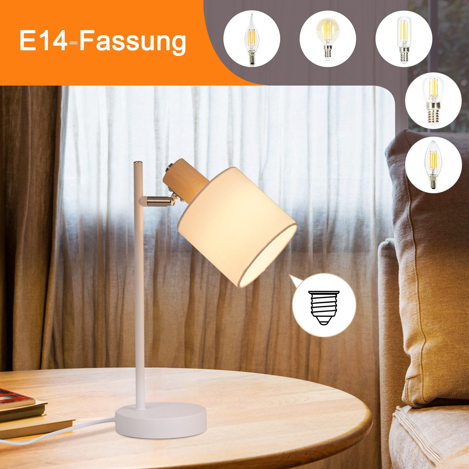 Biała lampa z drewnianym akcentem na stole obok sofy. Zbliżenie na żarówki.