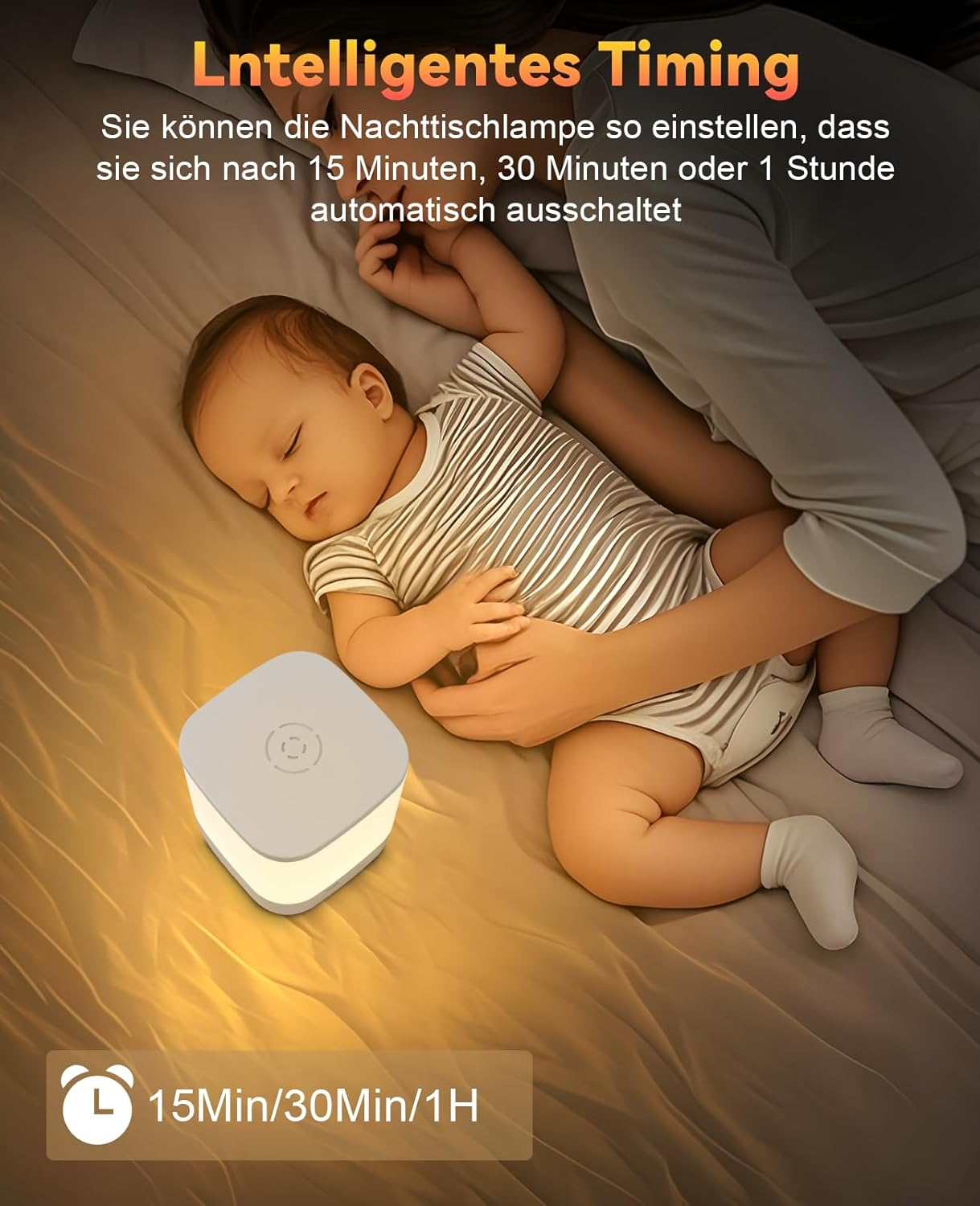 Dziecko śpiące na łóżku z białą lampką nocną. Tekst mówi, że lampa ma timer 15/30/60 minut.