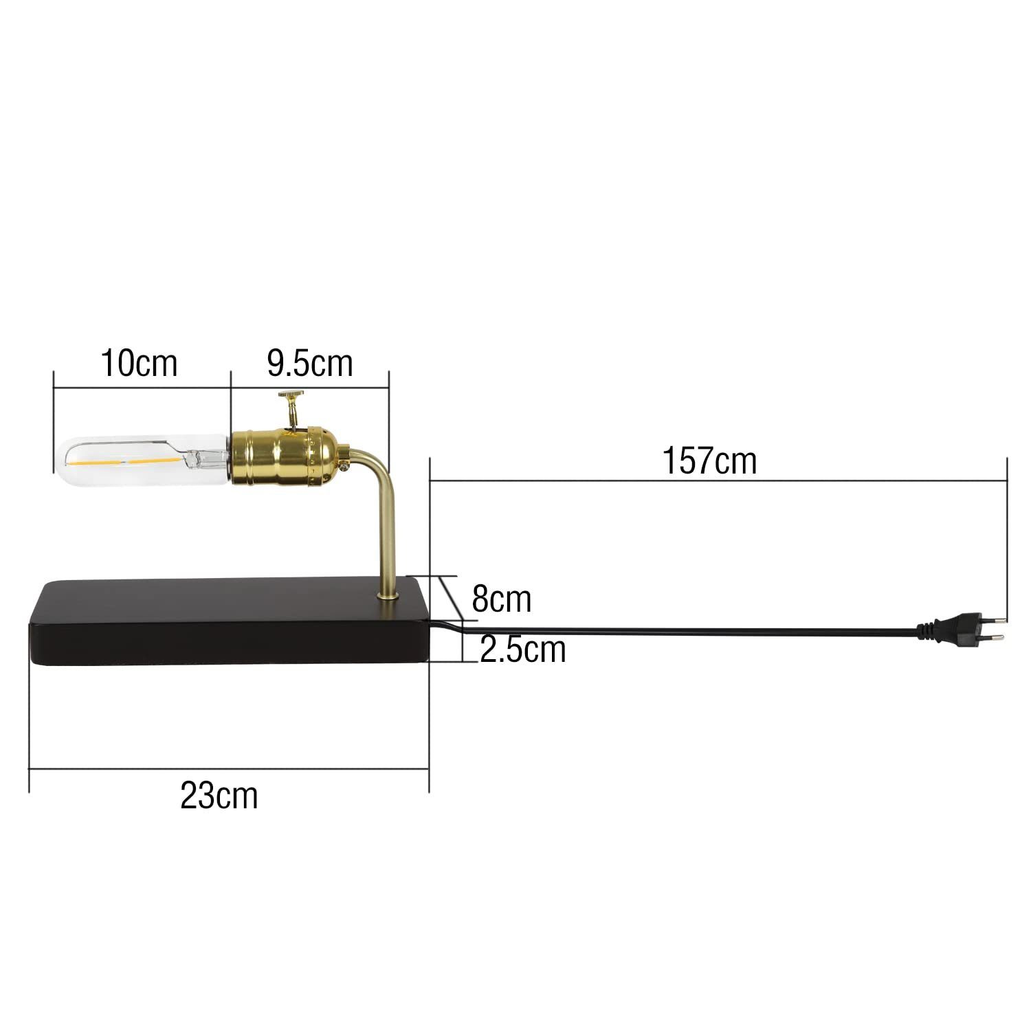 Lampa biurkowa na czarnej podstawie z wymiarami. W lampie jest żarówka i podłączona wtyczka.