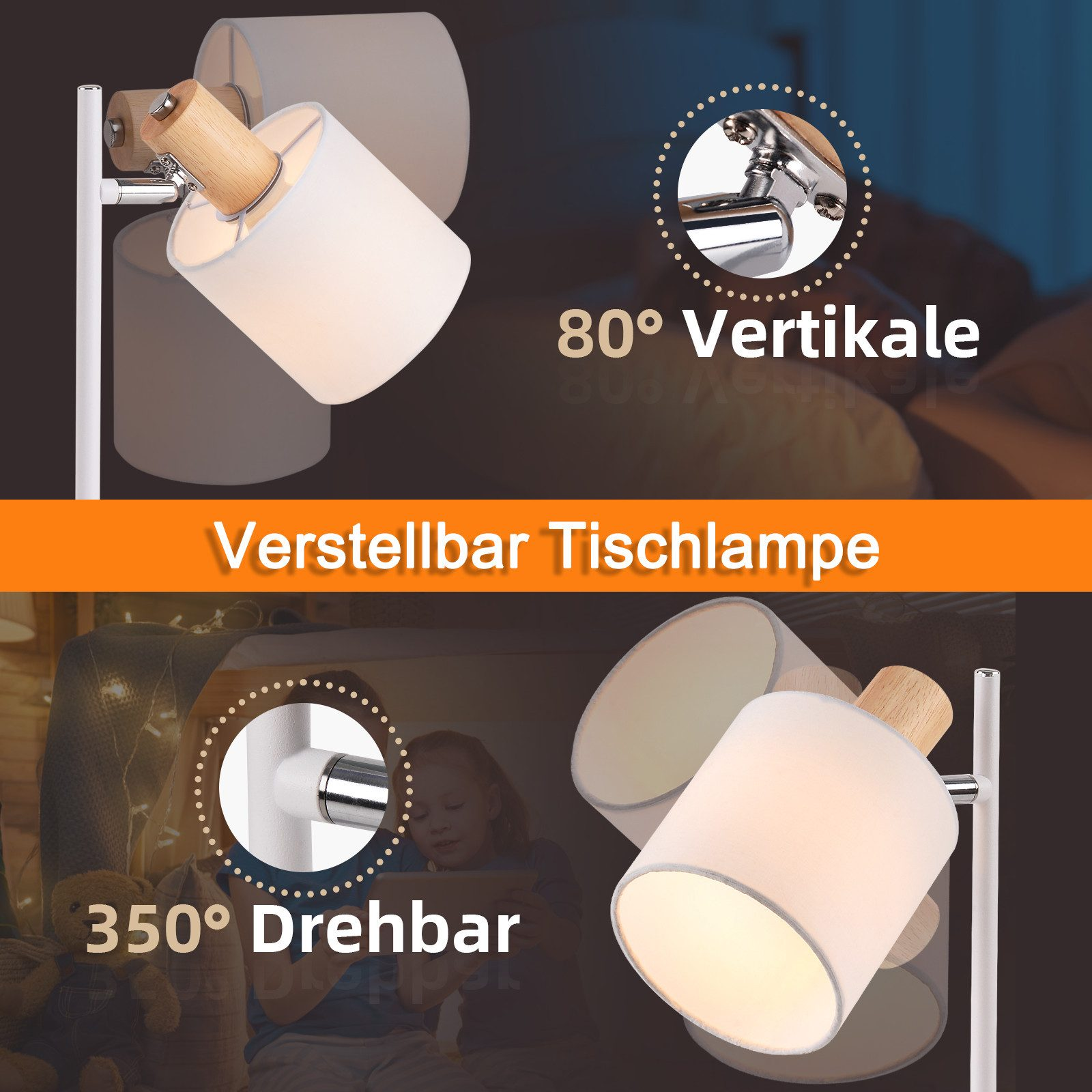 Obrazy przedstawiają regulowane lampy biurkowe. Jedna lampa jest obrotowa o 350° i pionowa o 80°. Drewno i biel.