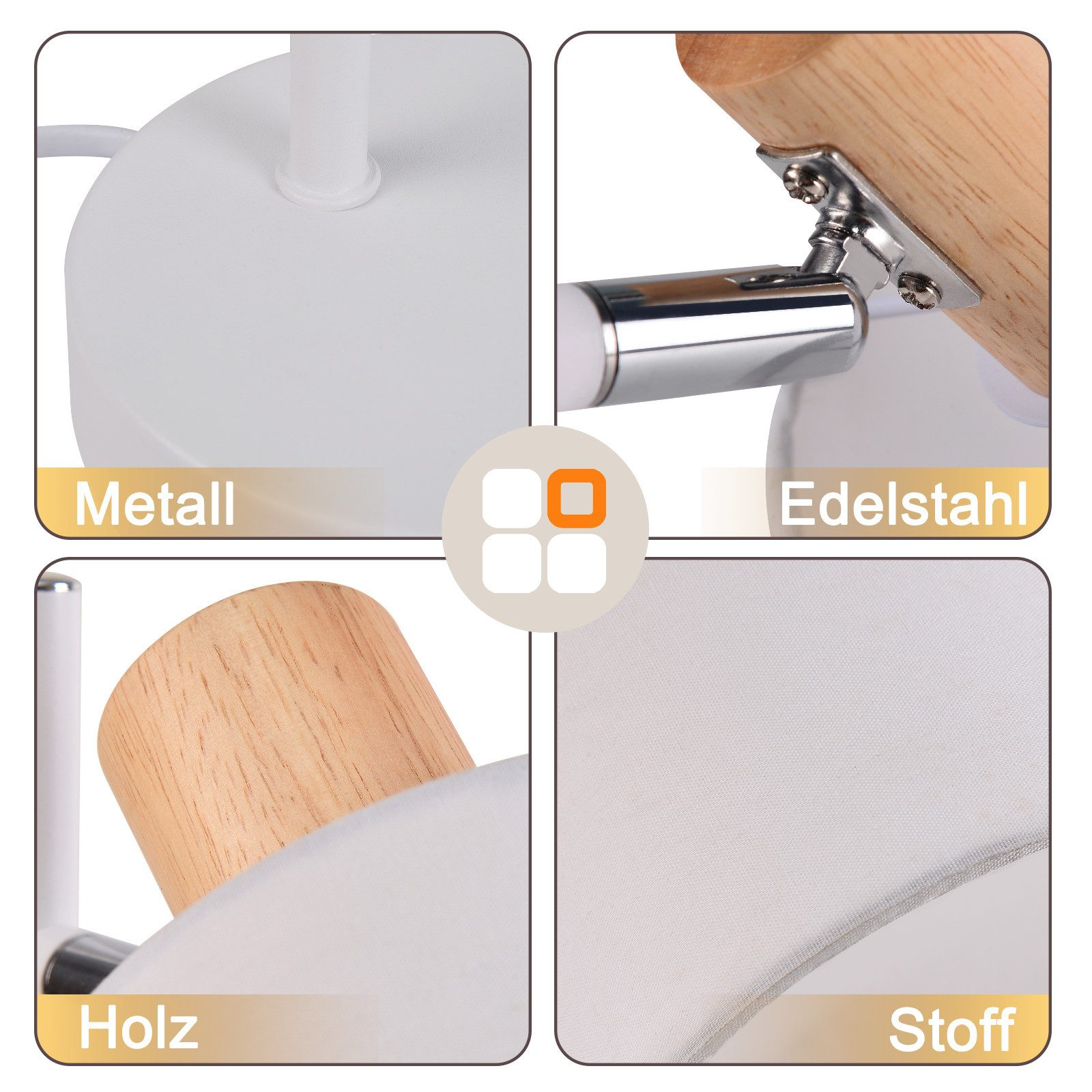 Zbliżenie na elementy lampy: metal, stal nierdzewna, drewno i tkanina.