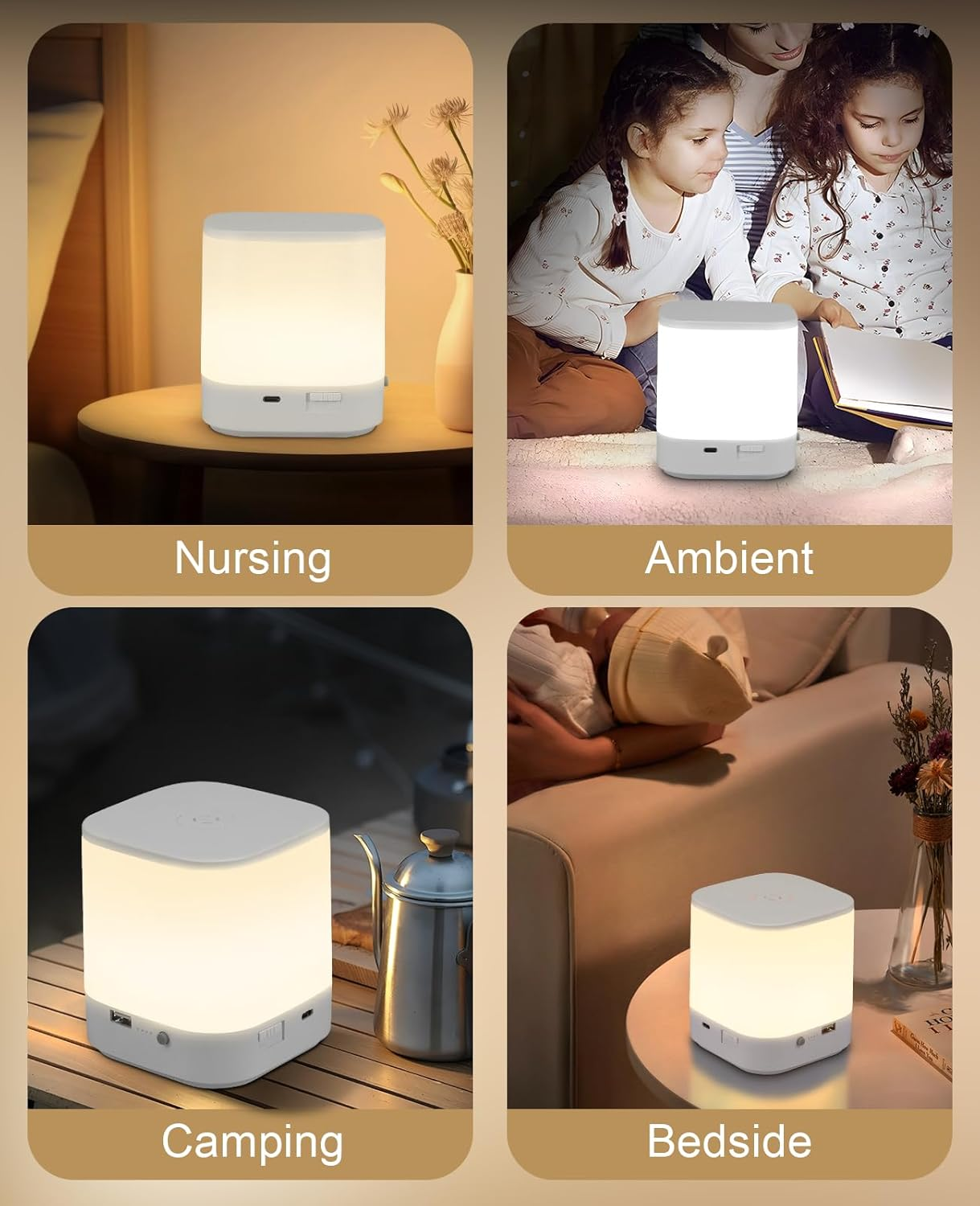 Cztery obrazy pokazujące białą lampkę nocną w różnych ustawieniach: karmienie piersią, otoczenie, kemping i stolik nocny.
