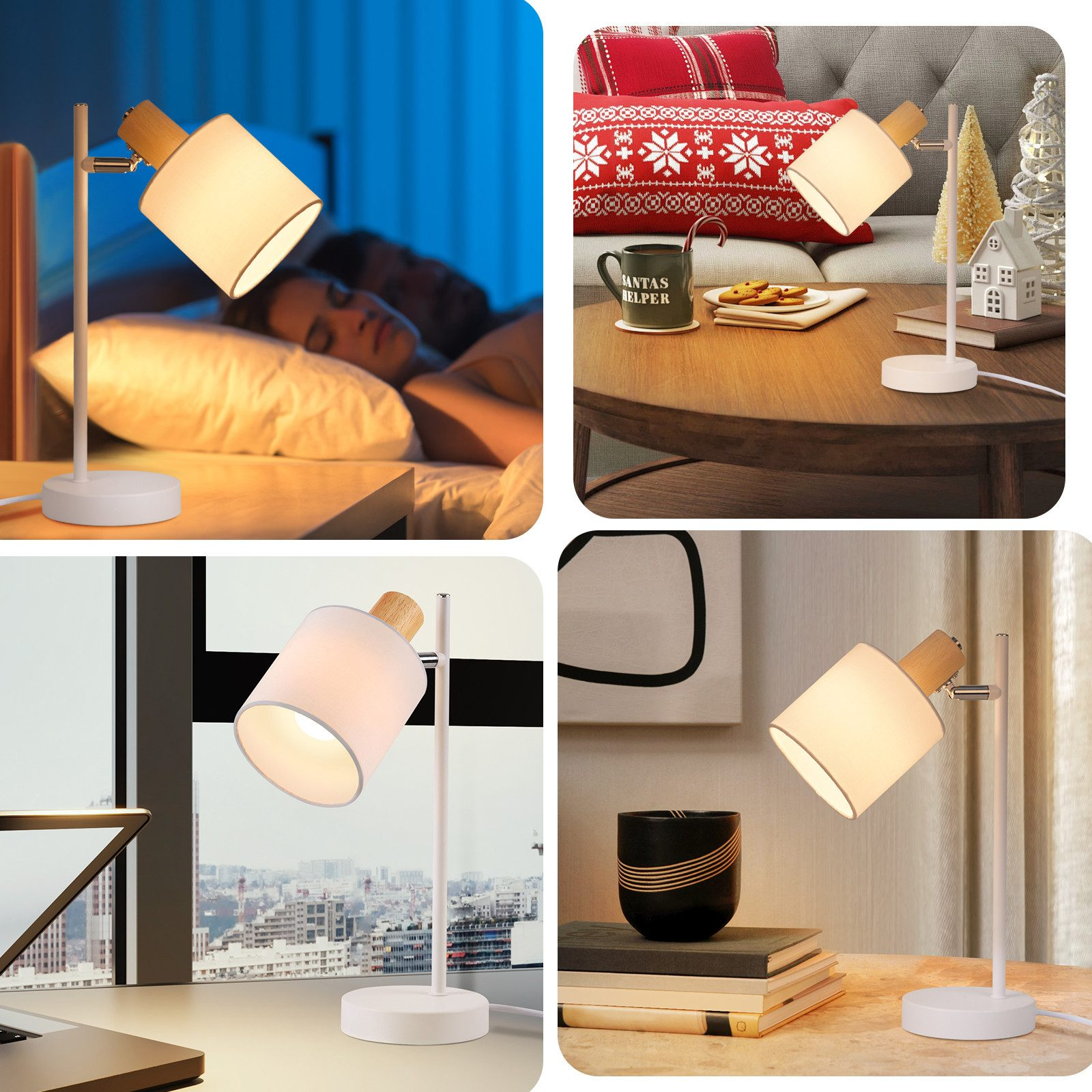 Lampa biurkowa z białym abażurem, pokazana w różnych ustawieniach. Lampa stoi na biurku i stole.