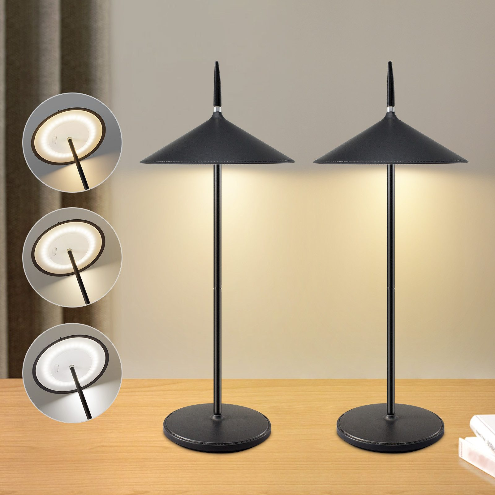 Dwie czarne lampy z czarną podstawą i stożkowym kloszem na drewnianym stole.