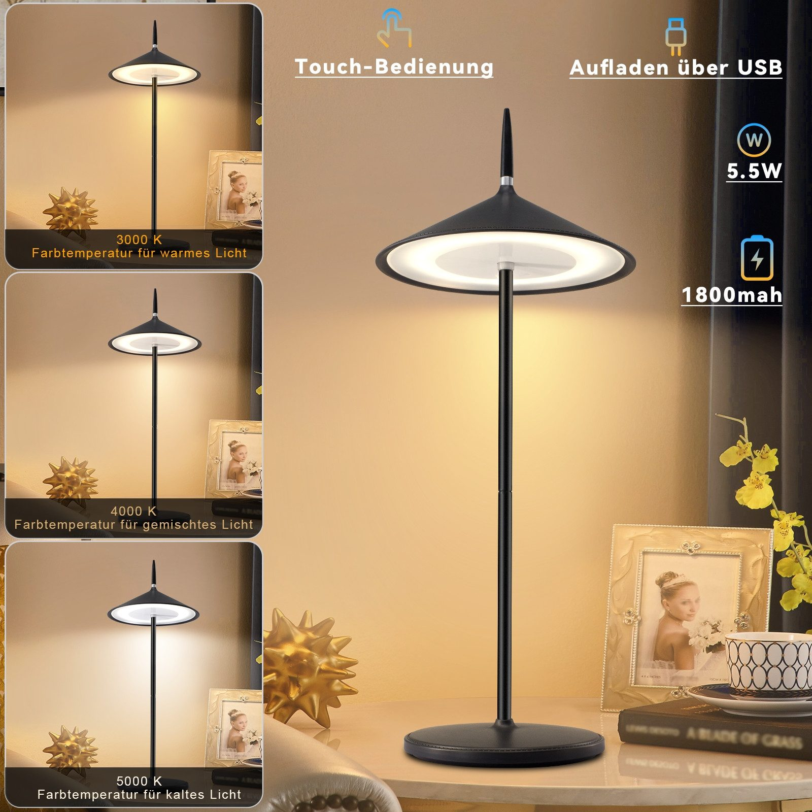 Biała lampa z płaskim blatem. Trzy obrazy pokazują różne ustawienia światła i funkcje.