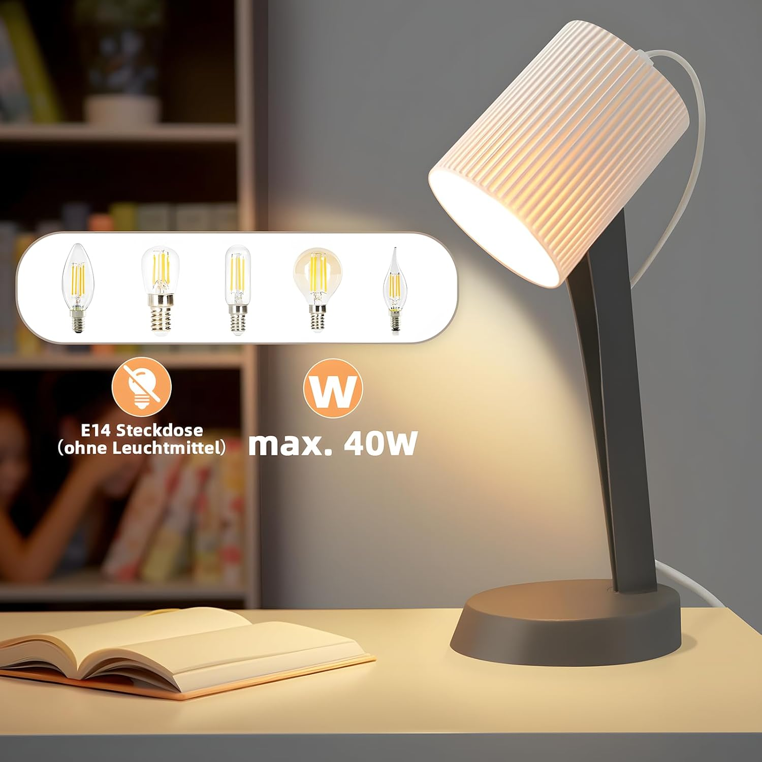 Lampa biurkowa z białym kloszem, czarnym trzonkiem i podstawą. Po lewej żarówki i tekst.