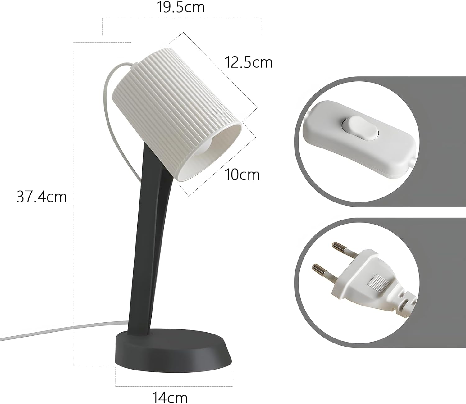 Biało-czarna lampa biurkowa z wymiarami i szczegółami przełącznika oraz wtyczki.