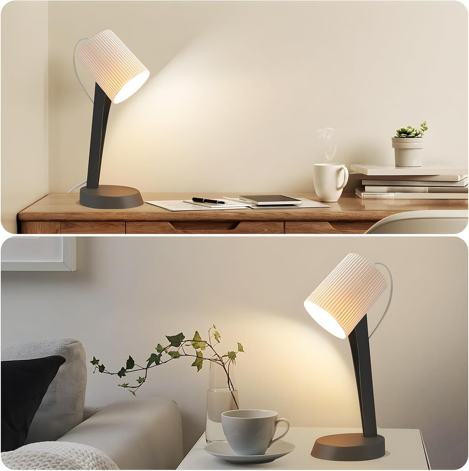 Dwa zdjęcia lampy biurkowej na biurku i stole. Lampa ma biały klosz i rzuca światło.