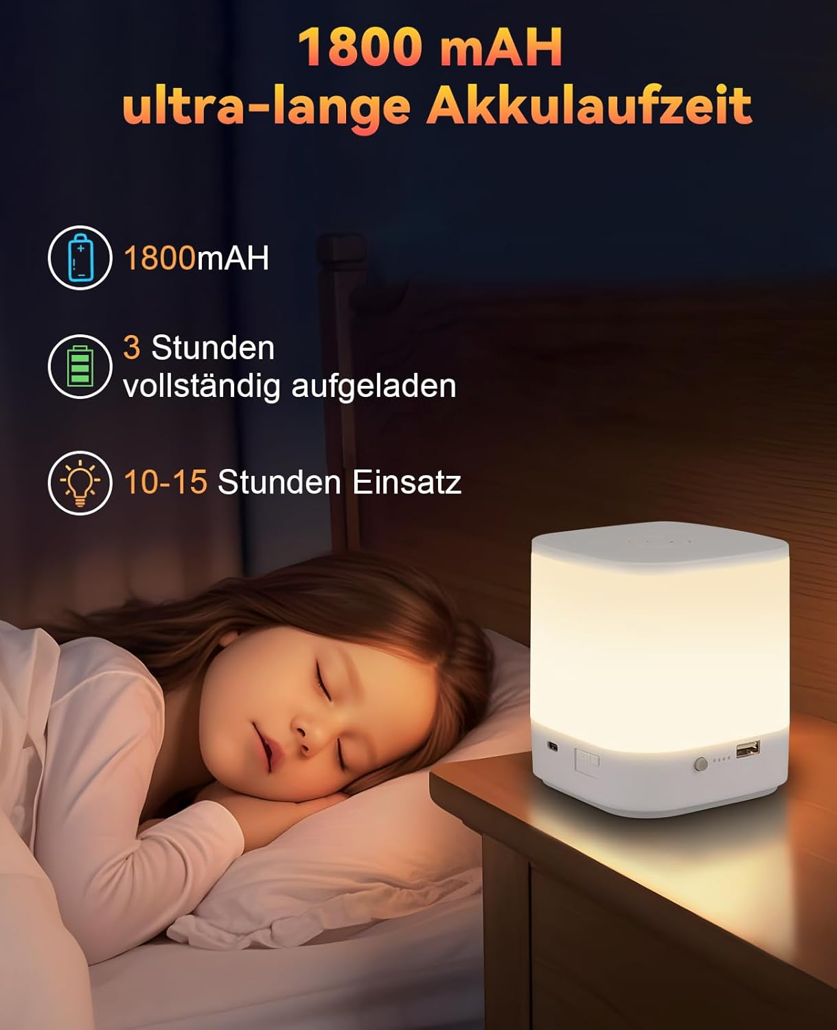 Dziecko śpi obok stolika nocnego z białą lampą. Tekst wskazuje baterię 1800 mAh i 10-15 godzin użytkowania.