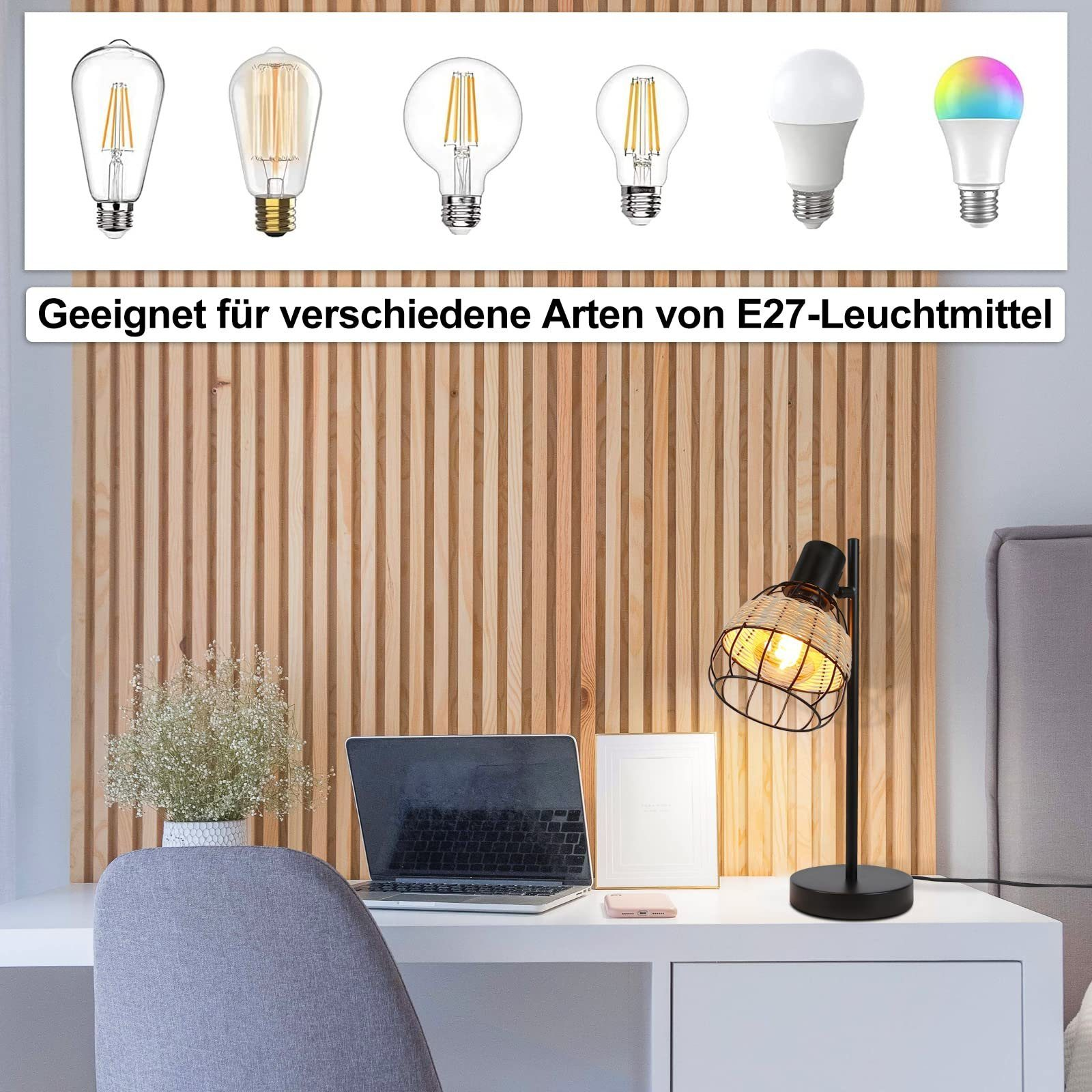 Biurko z różnymi żarówkami i czarną lampą. Obecny jest również laptop i inne przedmioty.