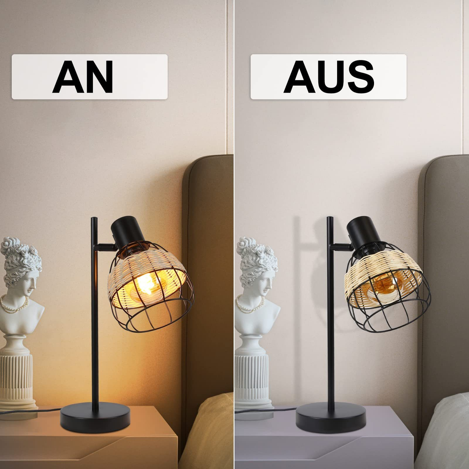 Czarna lampa biurkowa z tkanym abażurem jest włączona i wyłączona. Tło przedstawia popiersia i stolik nocny.