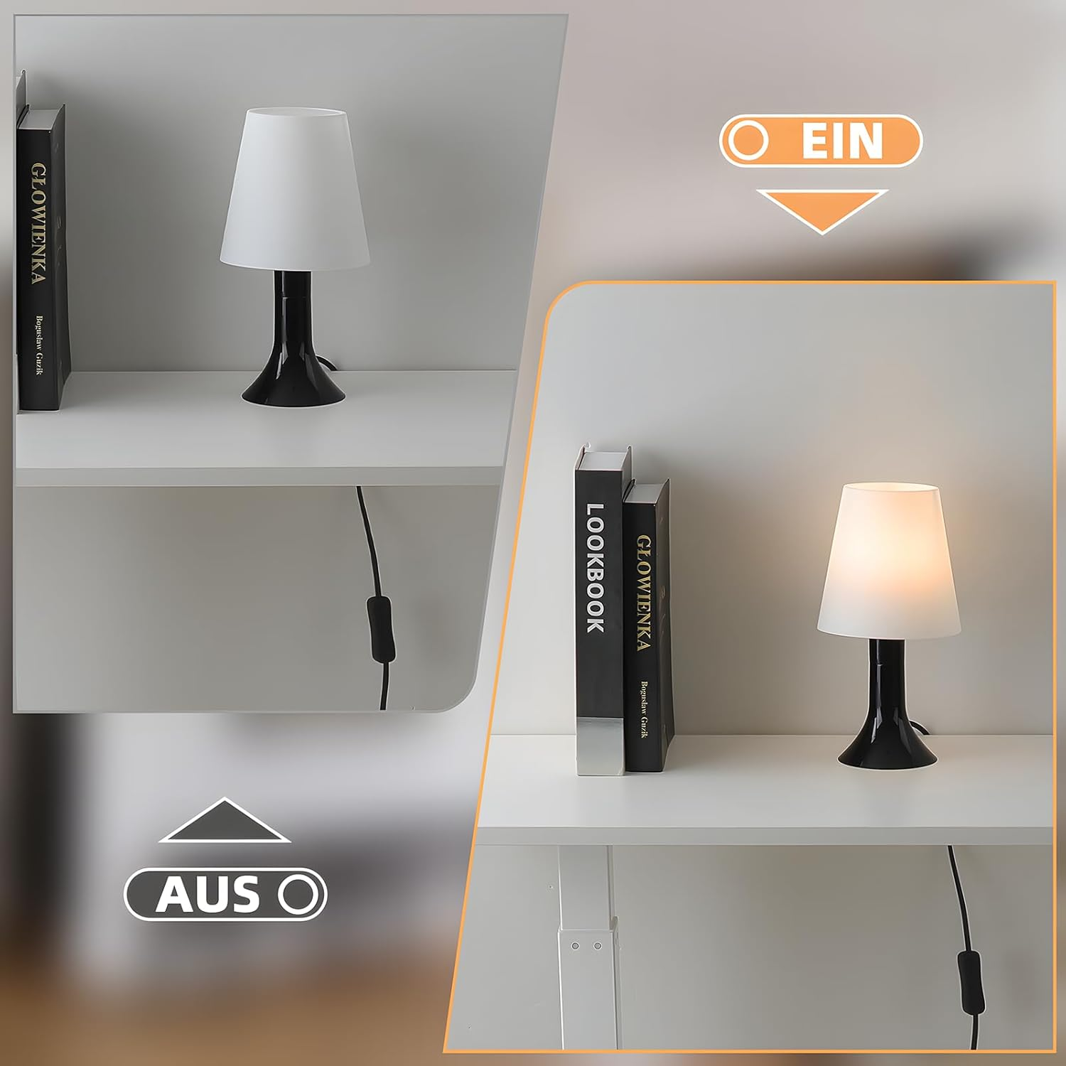 Lampa na półce, ze słowami AUS i EIN, pokazująca włączenie i wyłączenie.