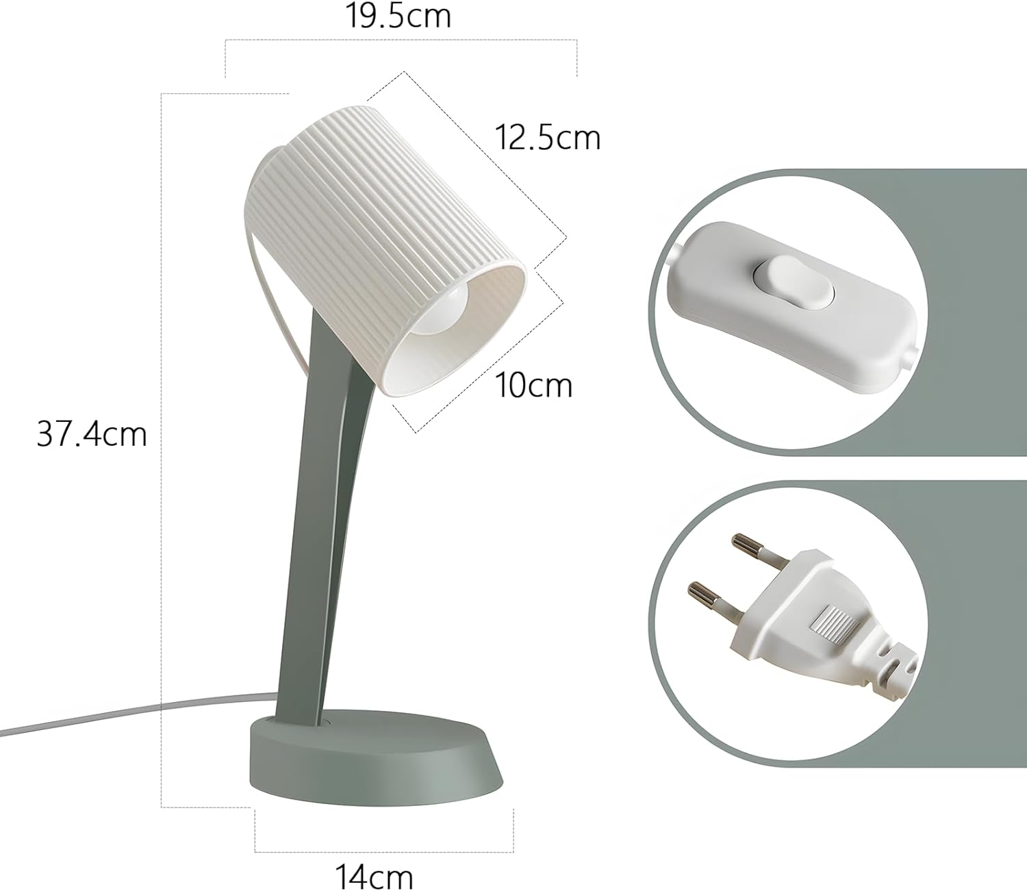 Biała cylindryczna lampa z wymiarami. Lampa stoi na szarej podstawie z białym przyciskiem.