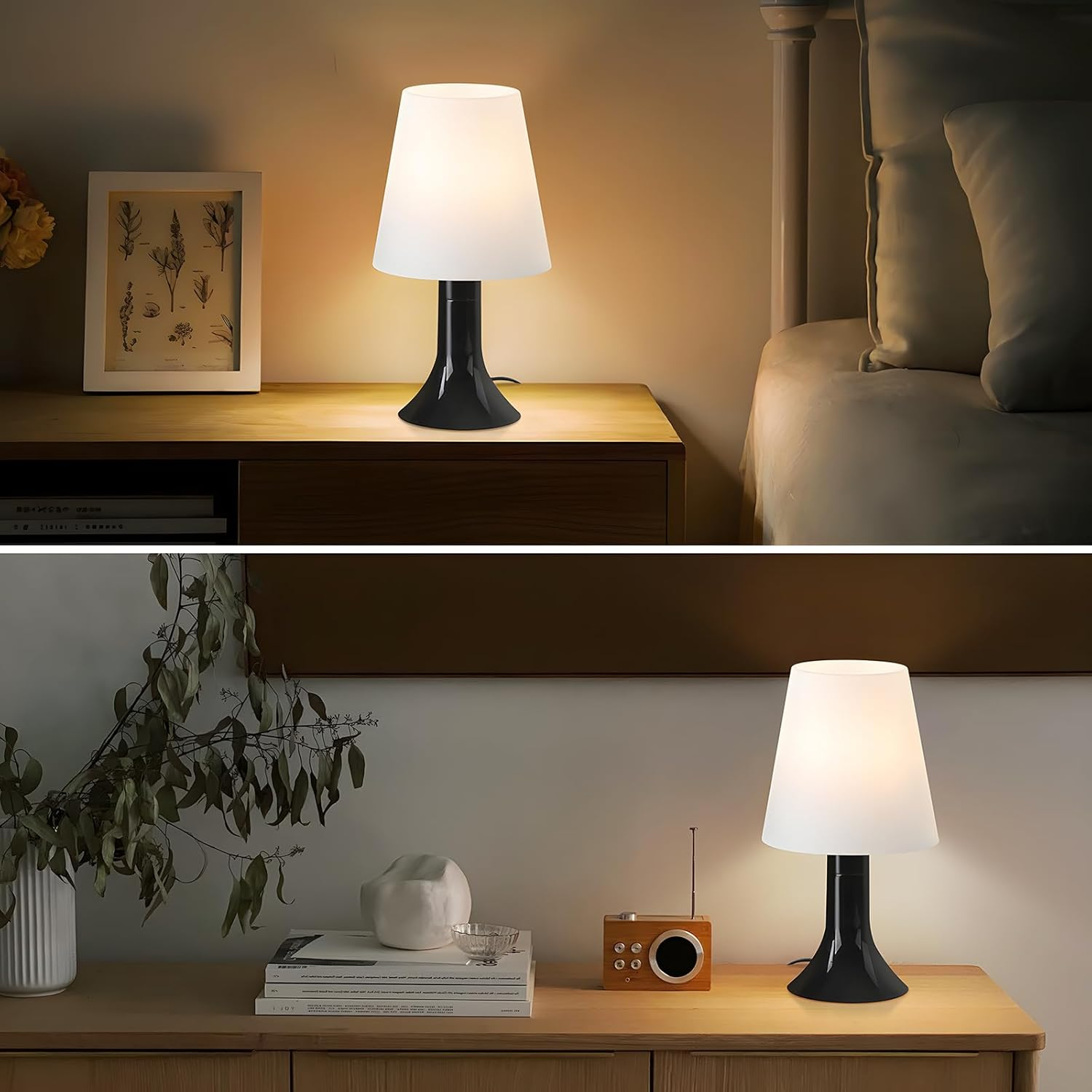 Dwa zdjęcia czarnych lamp na drewnianych stołach. Jedna przy łóżku, druga w pokoju.