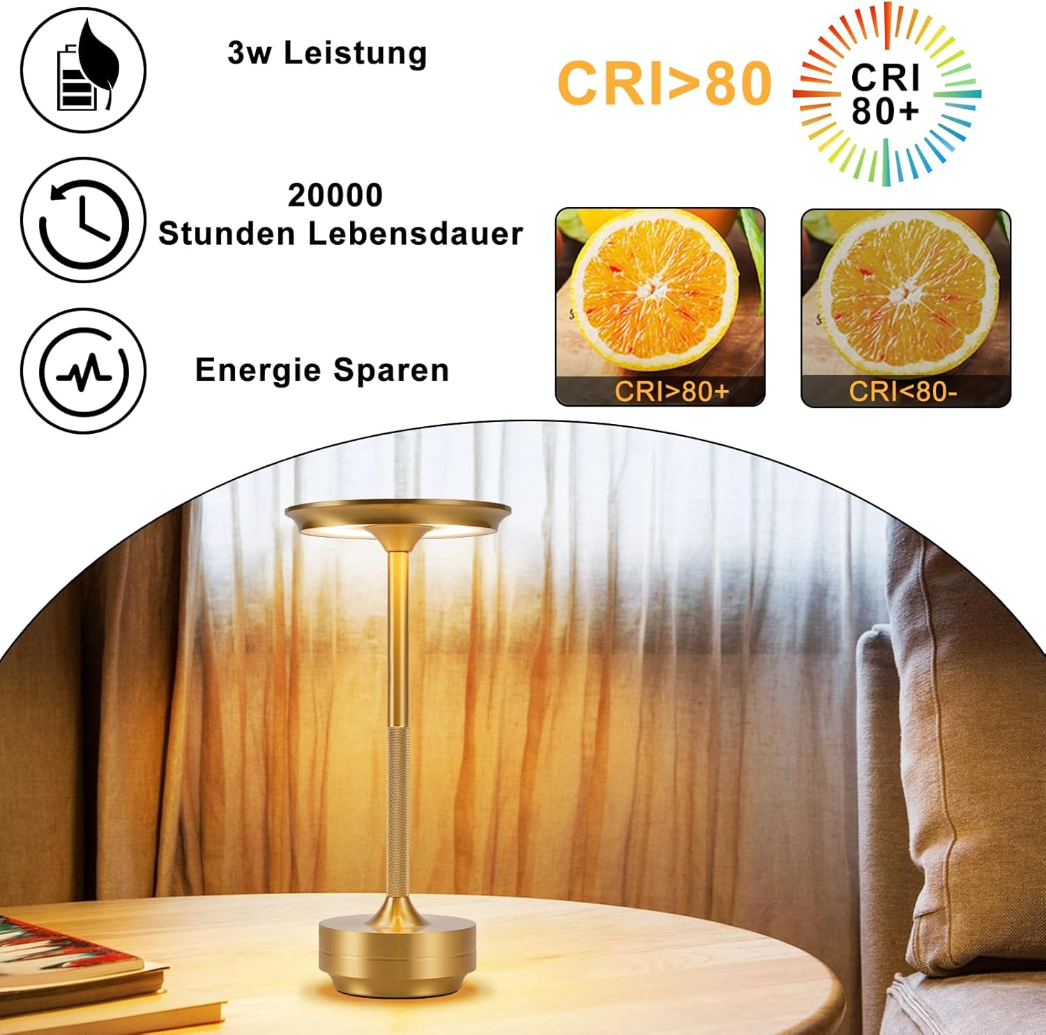 Złota lampa na stole z tekstem i ikonami związanymi z jej funkcjami i zaletami.