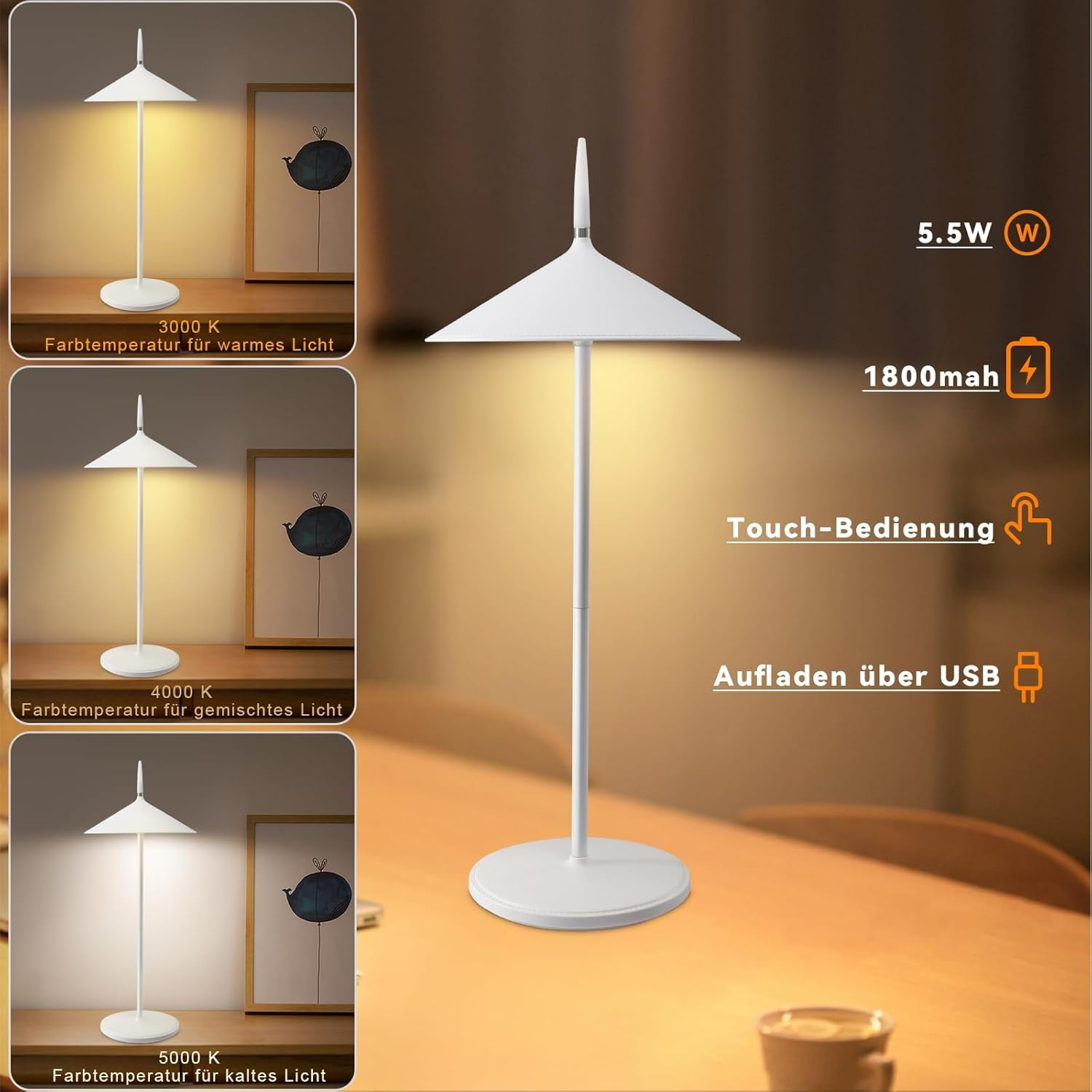 Biała lampa z płaskim blatem. Trzy obrazy pokazują różne ustawienia światła. Tekst o funkcjach.