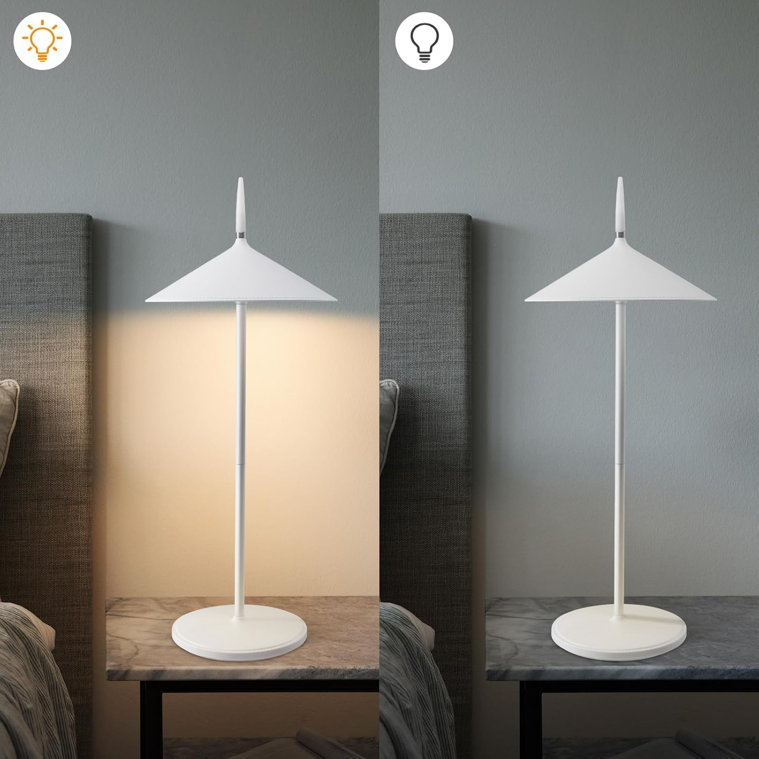 Biała lampa na stole, z włączoną lampą w ciepłym świetle i wyłączoną. W tle łóżko.