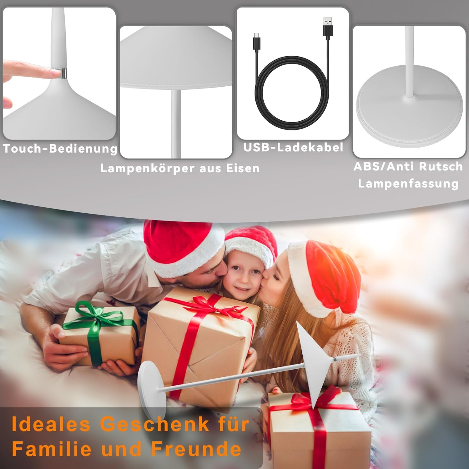 Rodzina całuje się i wręcza prezenty. Lampa w tle. Tekst: "Idealny prezent dla rodziny i przyjaciół".
