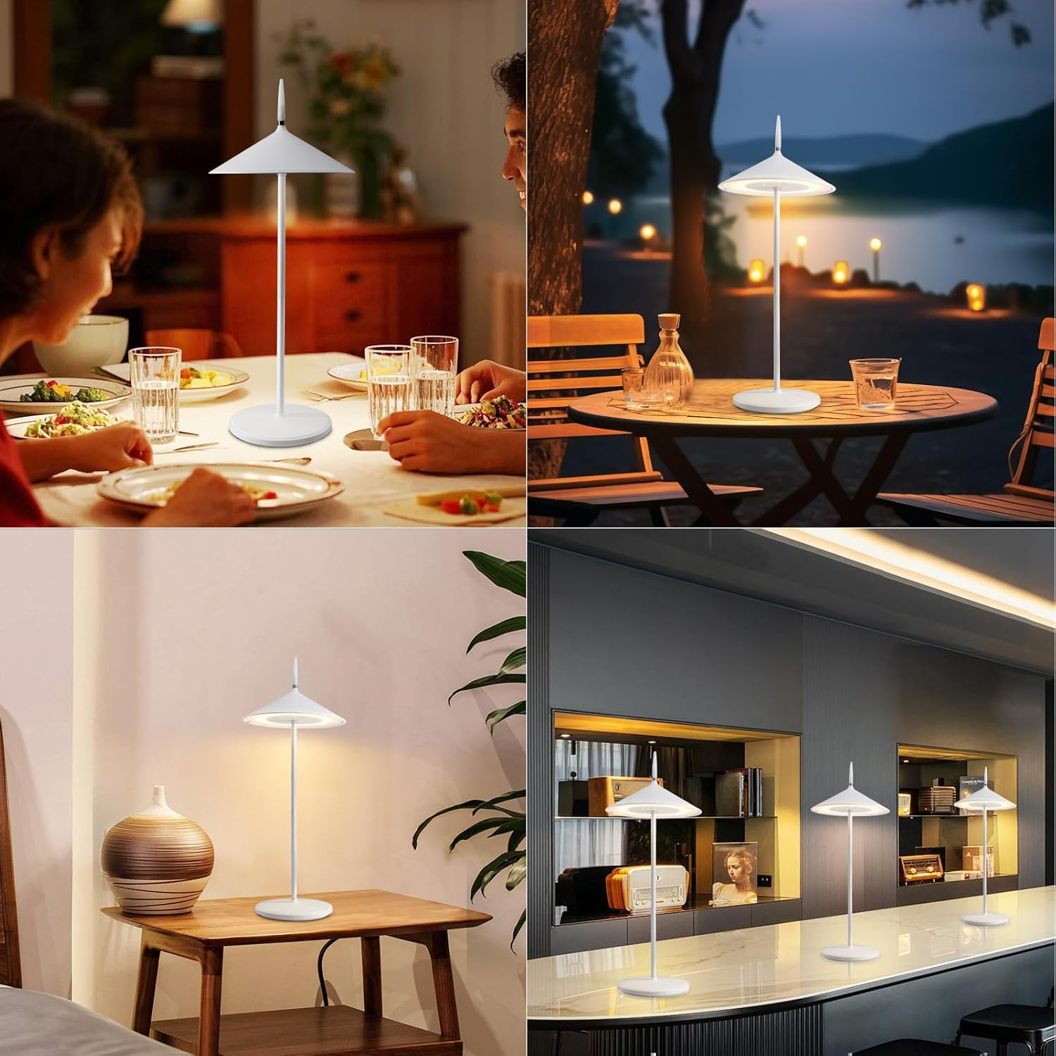 Biała lampa na stole, z parą jedzącą kolację. Inny obraz tej samej lampy na zewnątrz.