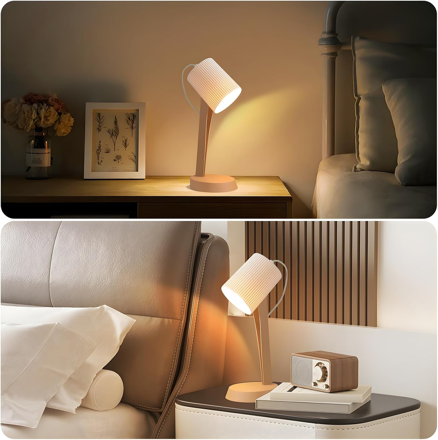 Dwa obrazy lampy na stoliku nocnym. Na jednym obrazie lampa jest włączona, a na drugim wyłączona.