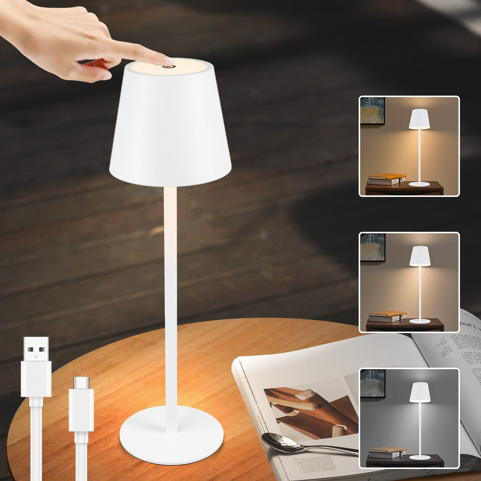 Una lampada bianca con supporto lungo su un tavolo di legno. Un cavo USB è a sinistra. Altre lampade sullo sfondo.