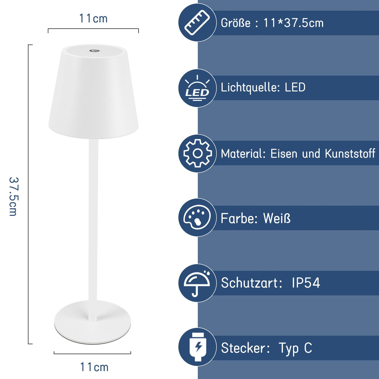 Karta specyfikacji przedstawia białą lampę z wymiarami, materiałem i stopniem ochrony IP54.
