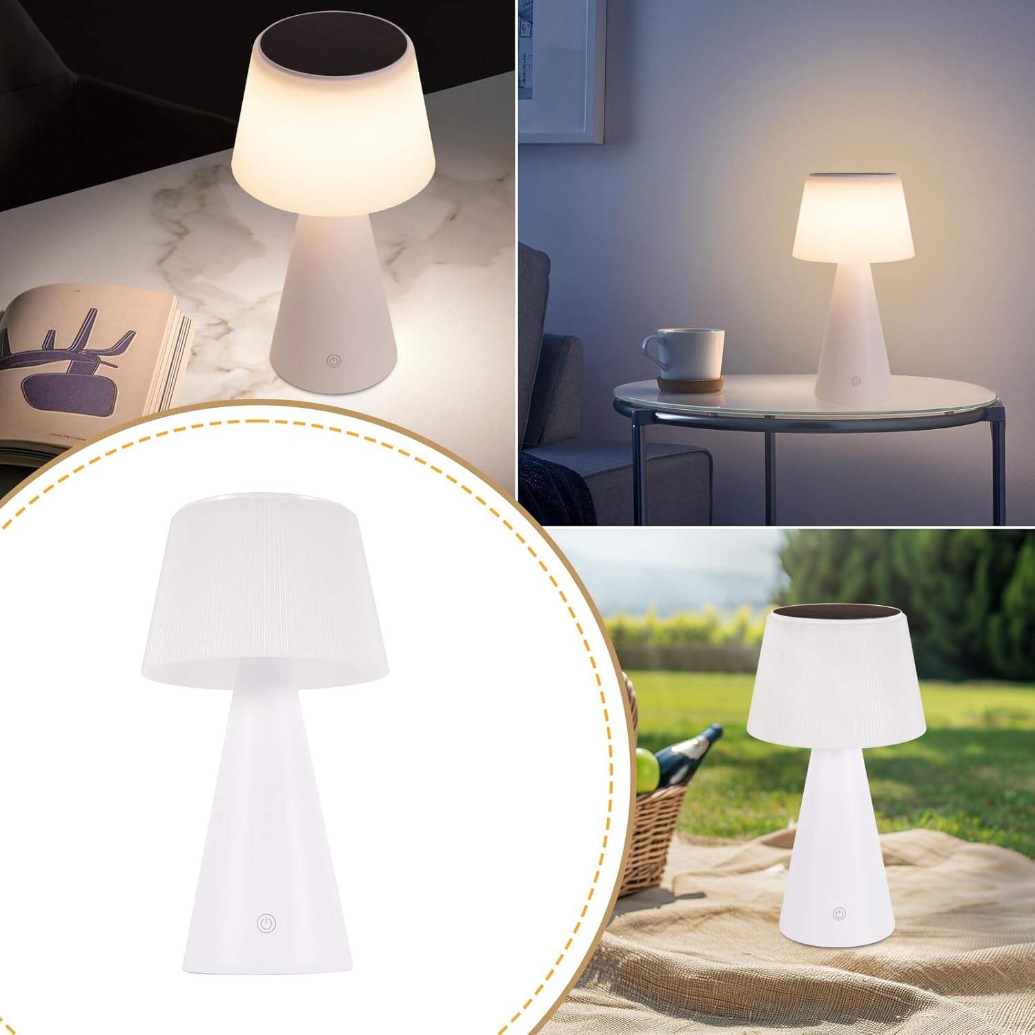 Collage con una lampada bianca su un tavolo, una scrivania e all'aperto su una coperta da picnic.