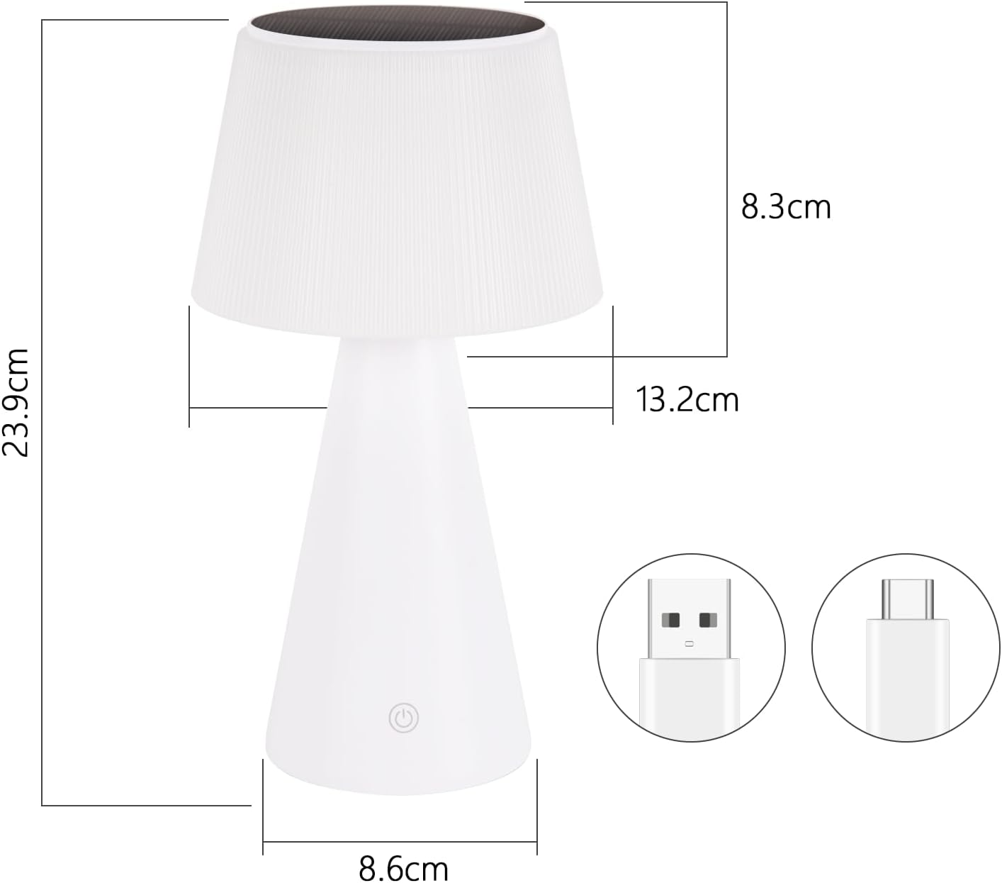 Disegno tecnico di una lampada bianca che mostra le dimensioni e le porte di ricarica USB.