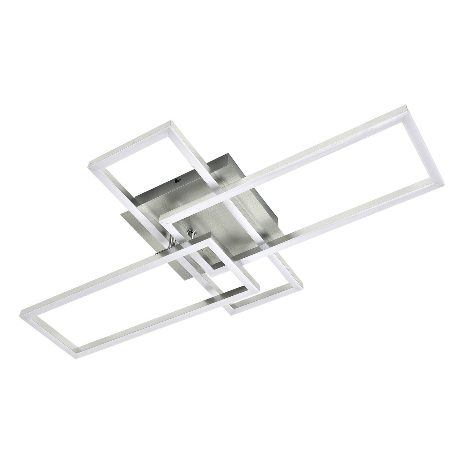 Nowoczesna, geometryczna lampa sufitowa z białymi prostokątnymi ramami i srebrną podstawą.
