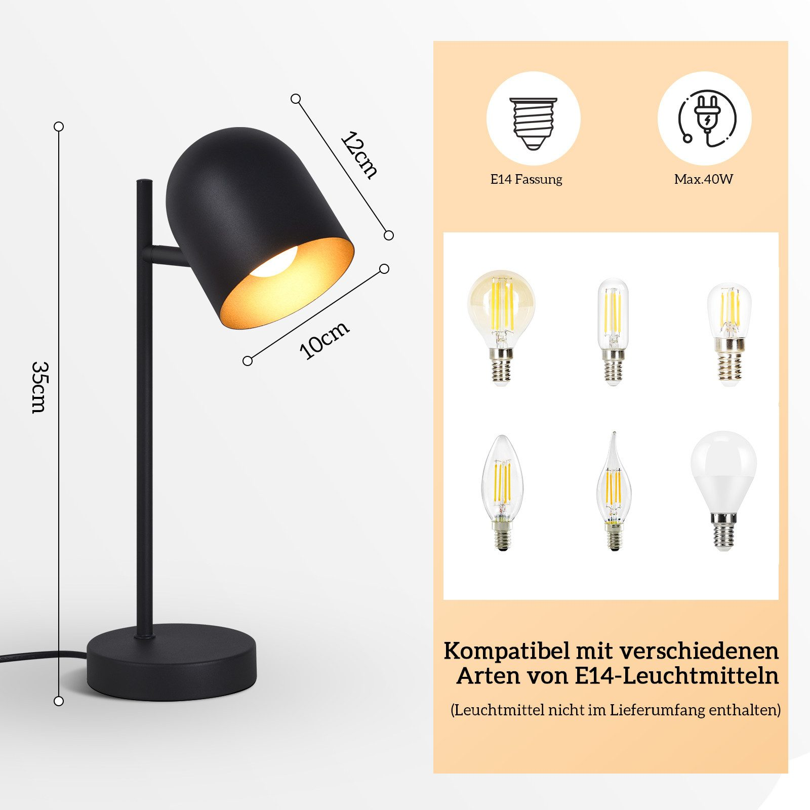 Czarna lampa biurkowa z wymiarami. Ma zakrzywiony klosz i różne żarówki E14.