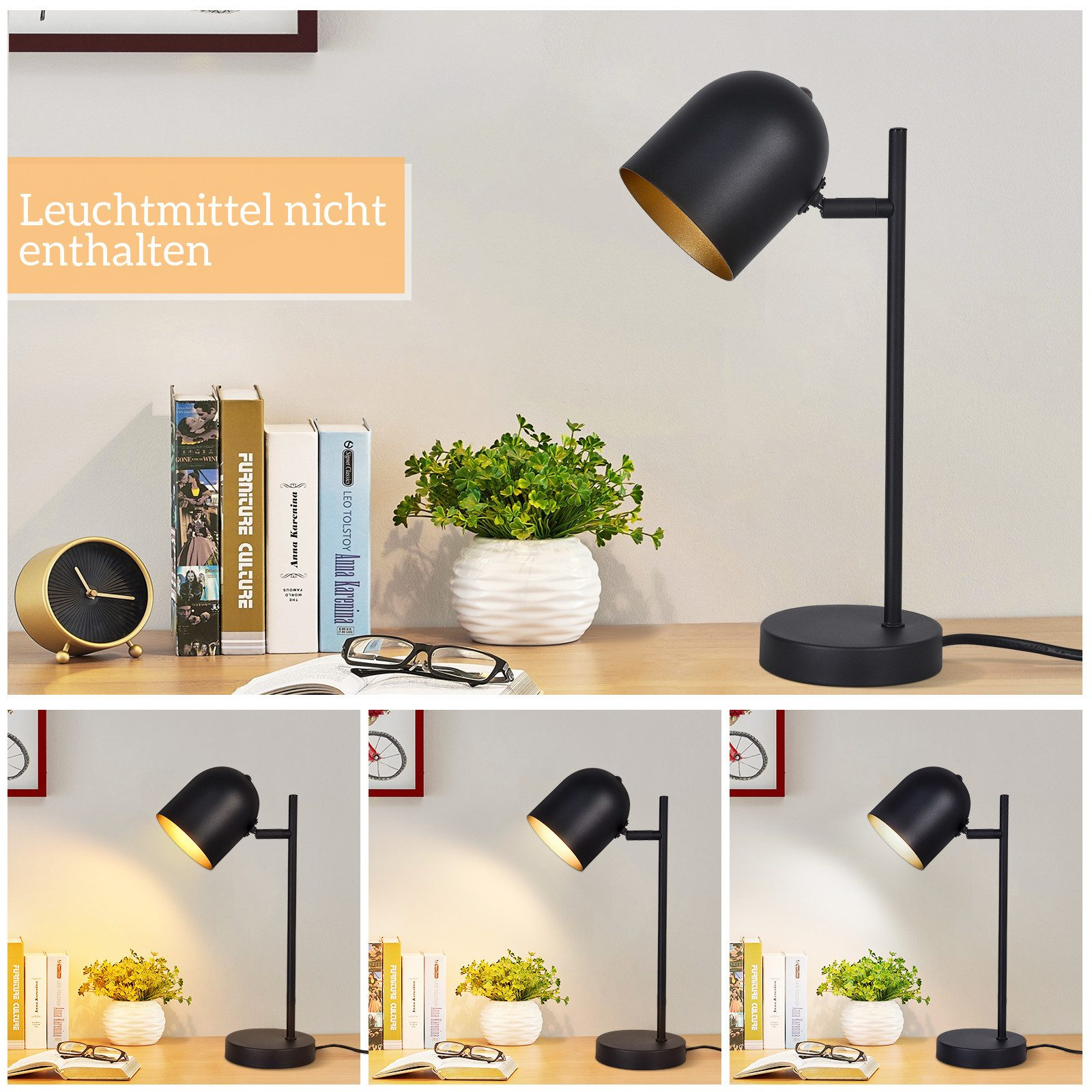 Czarna lampa biurkowa z zakrzywionym kloszem. Stoi na biurku z książkami, zegarem i roślinami.