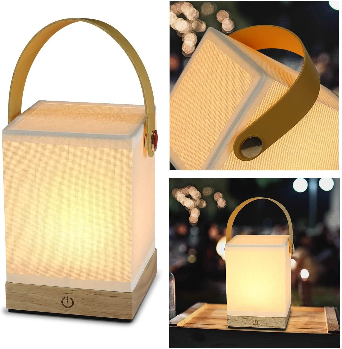 Biała lampa w kształcie kostki z uchwytem, oświetlona i umieszczona na drewnianej powierzchni, ze zbliżeniami.