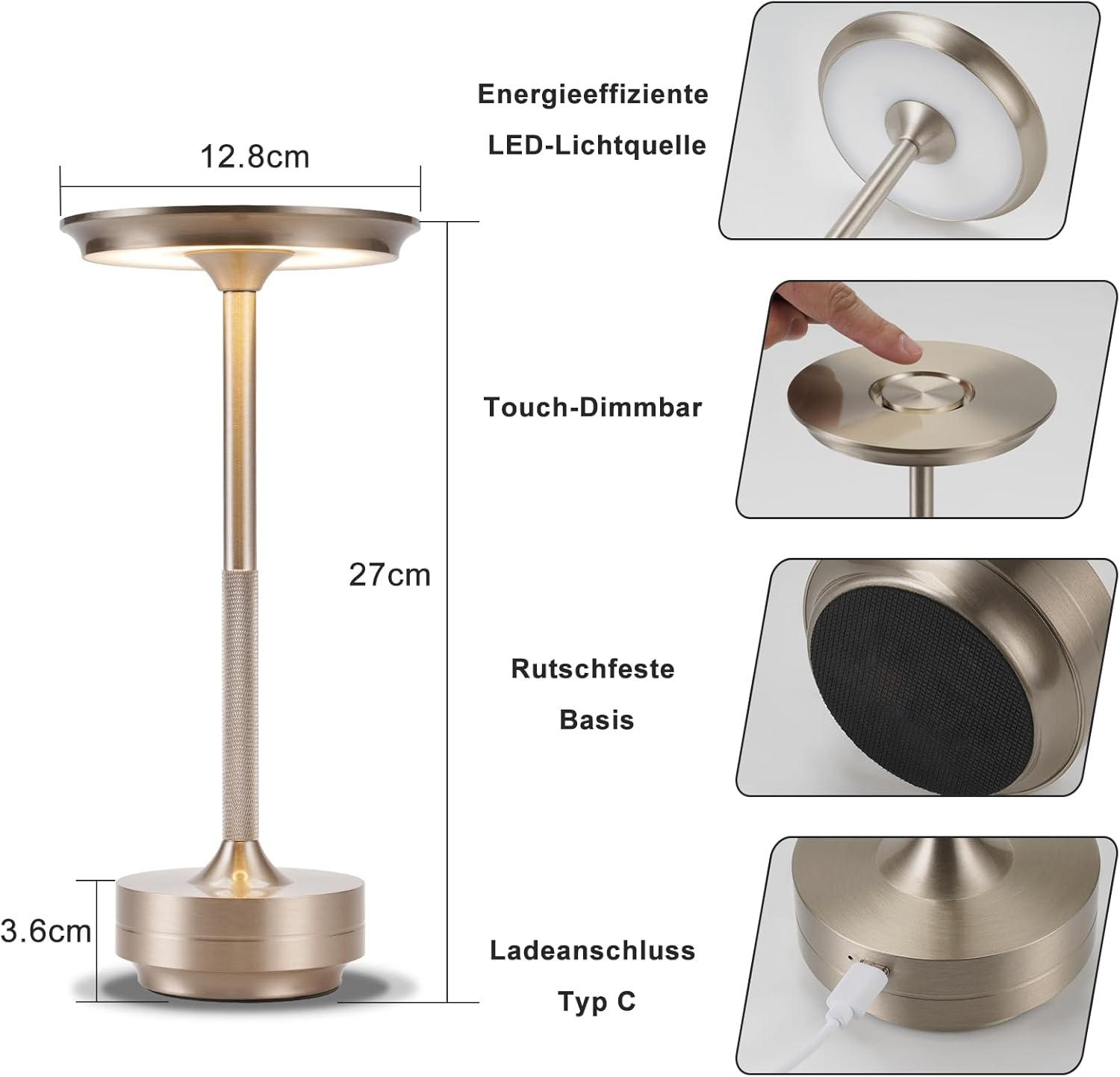 Złota lampa na stole. Obraz pokazuje wymiary i cechy. Jest ściemniana dotykowo.