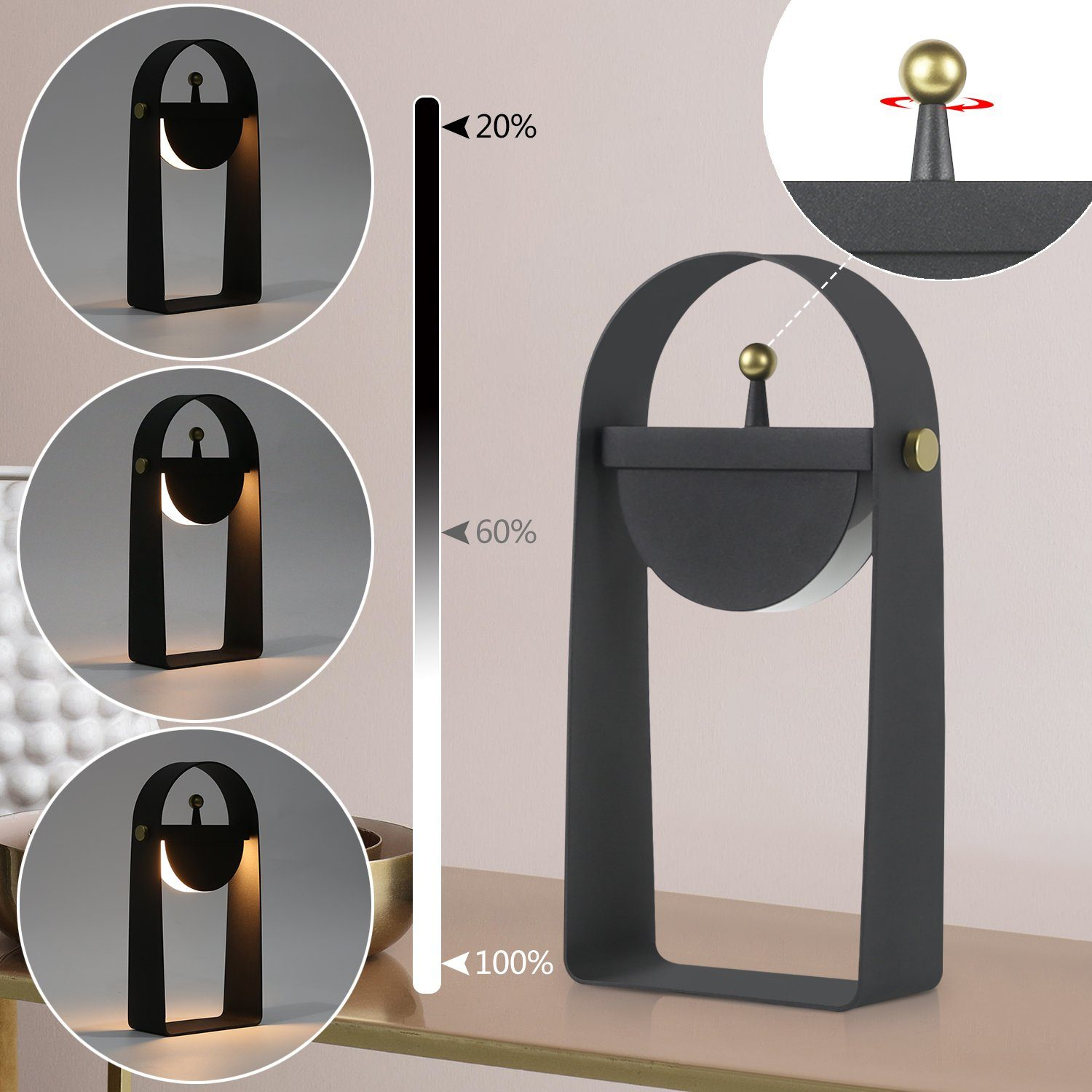 Czarna lampa z poziomami jasności. Lampa ma łukowatą ramę i złotą gałkę. Możliwość ściemniania.