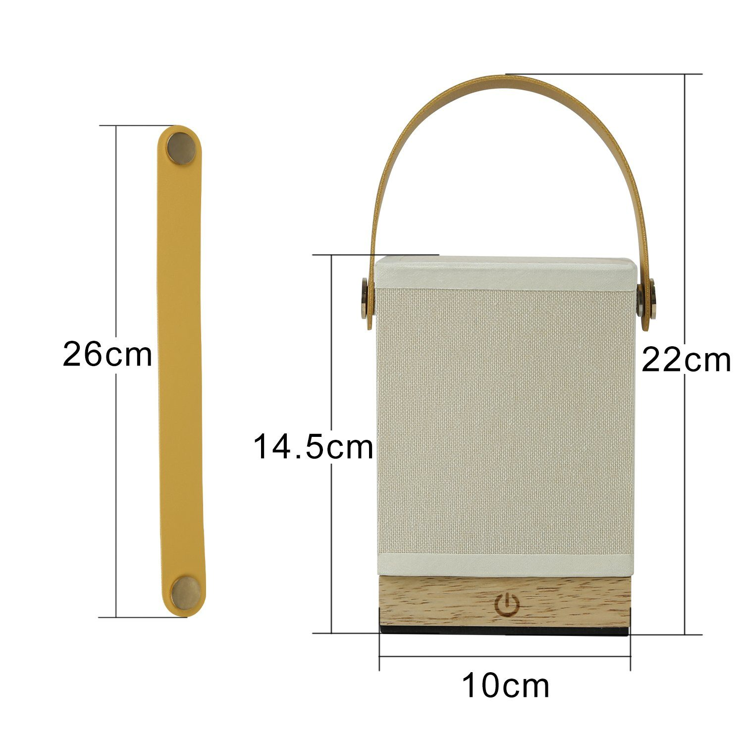 Lampa z uchwytem. Lampa jest biała z drewnianą podstawą. Podano wymiary.