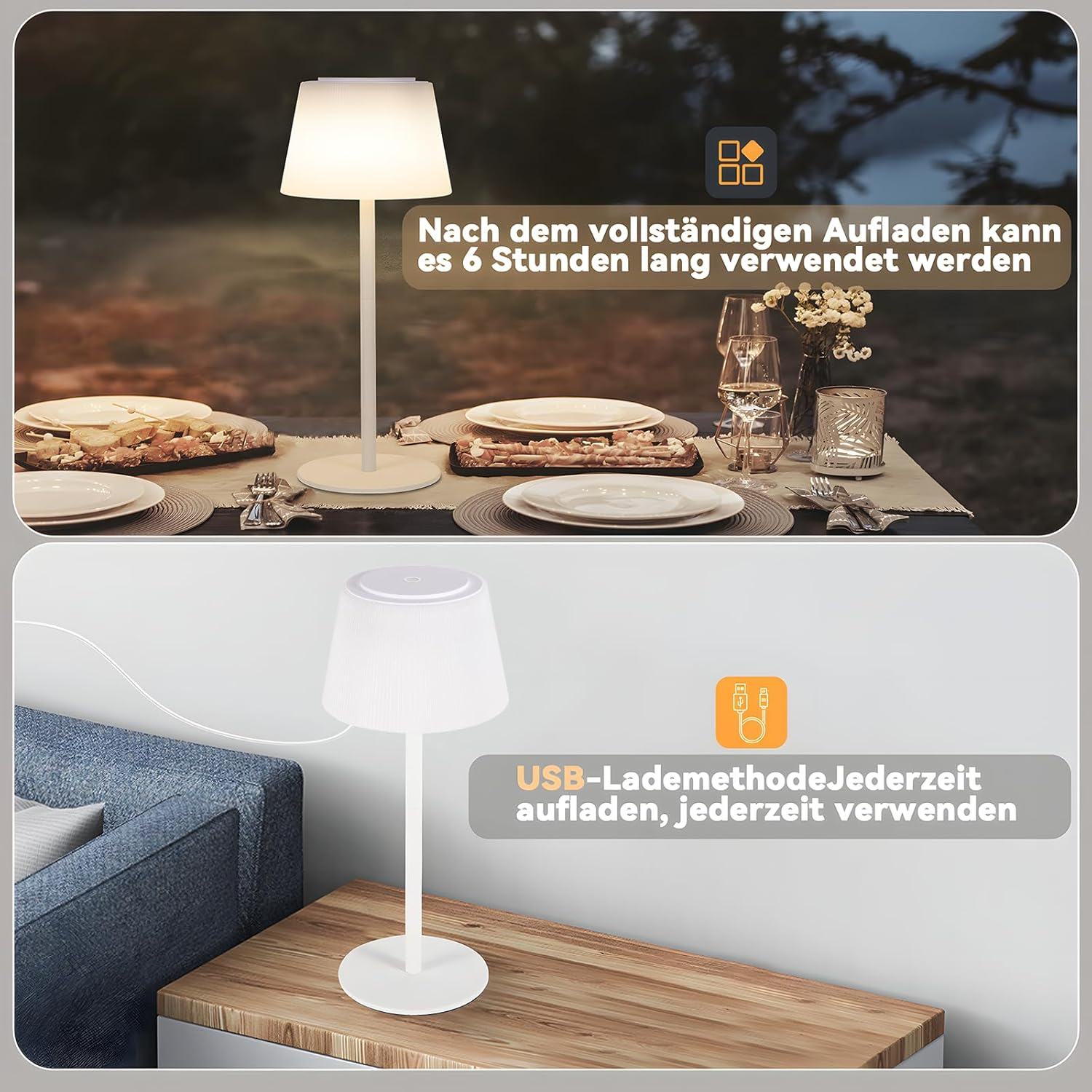 Dwa obrazy przedstawiające białą lampę. Jeden na zewnątrz, drugi wewnątrz, z tekstem.