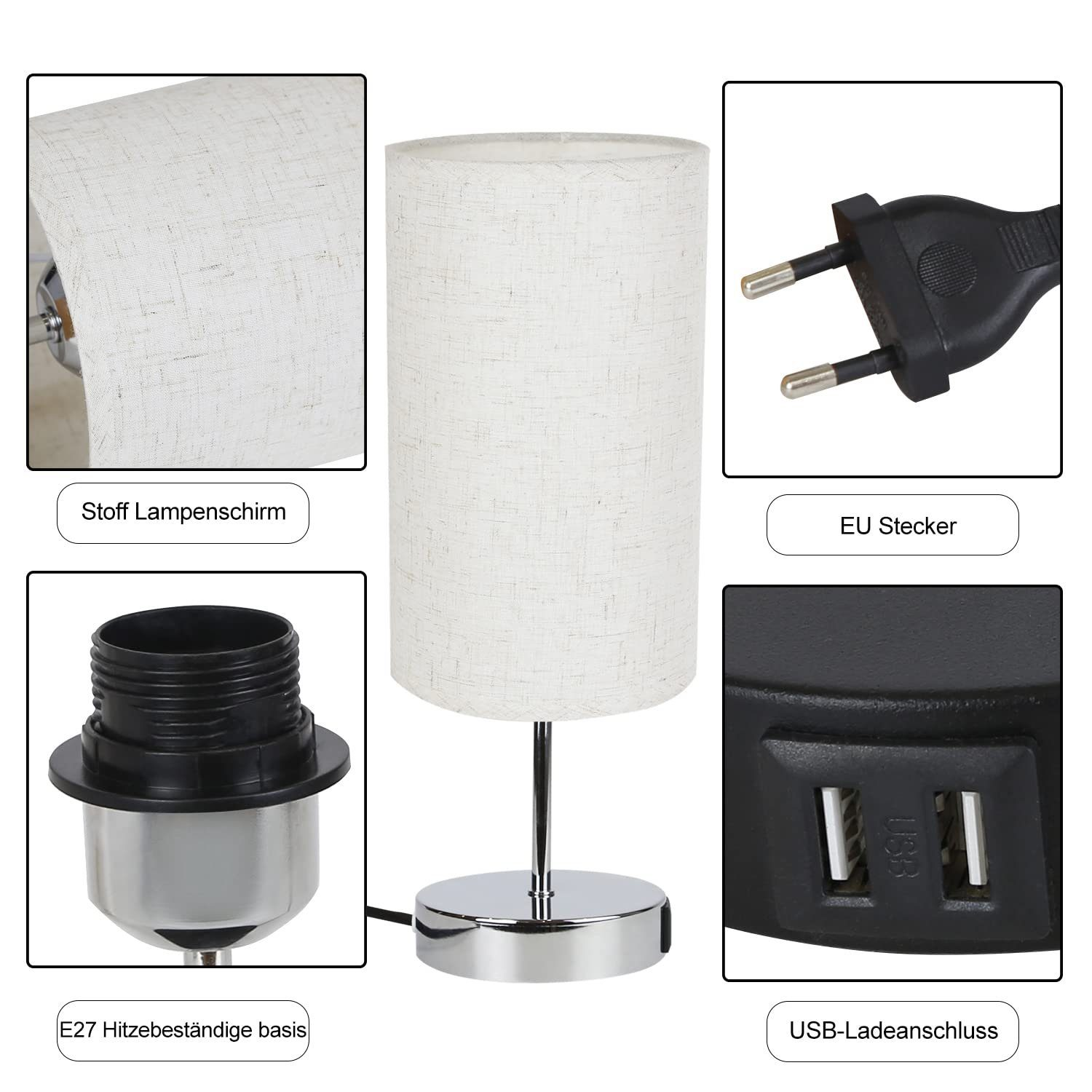 Lampa ma biały klosz. Ma chromowaną podstawę i porty USB. Pokazano różne części lampy.