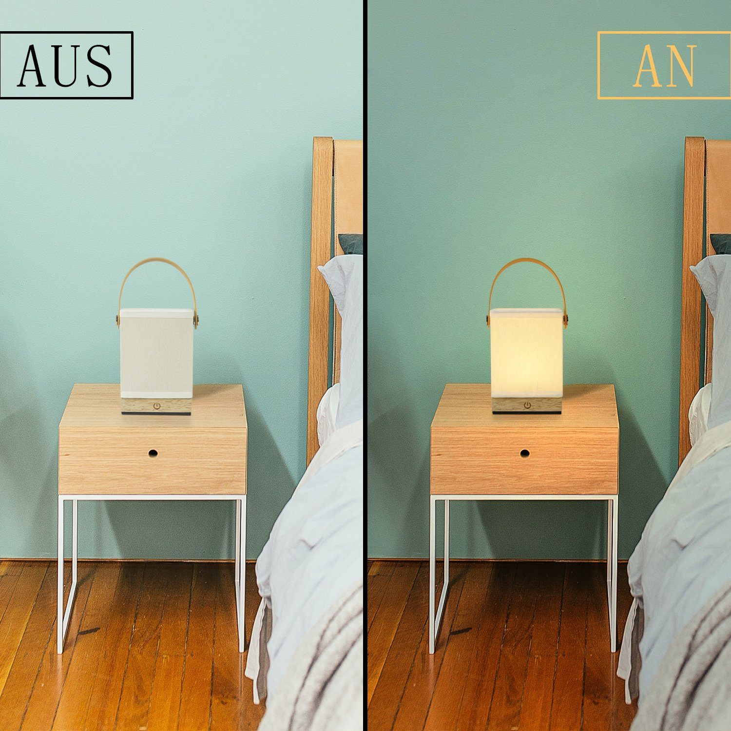 Dwie lampy na stoliku nocnym, jedna włączona, a druga wyłączona. Drewniana rama łóżka w tle.