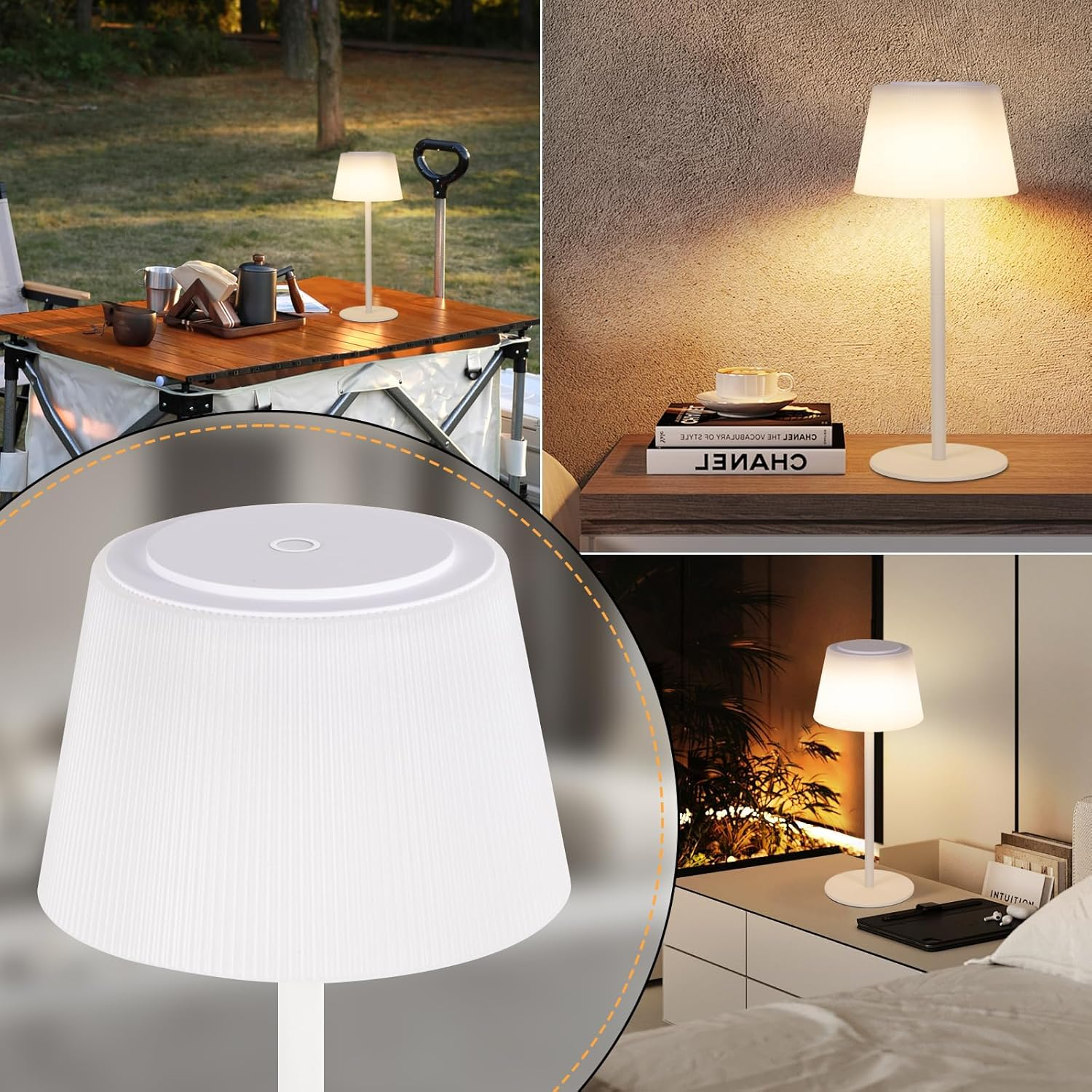 Wiele zdjęć białych lamp. Lampy na stole, na stoliku nocnym. Zbliżenie na klosz lampy.