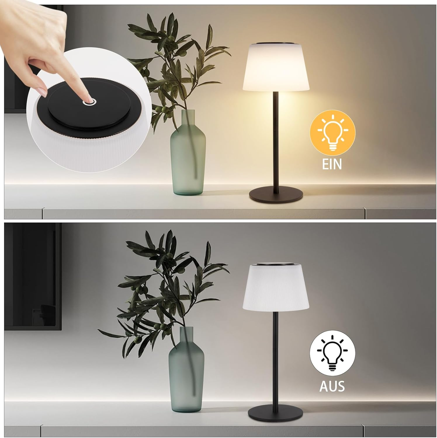 Obrazek przedstawia włączanie i wyłączanie lampy. Ręka włącza czarną lampę.