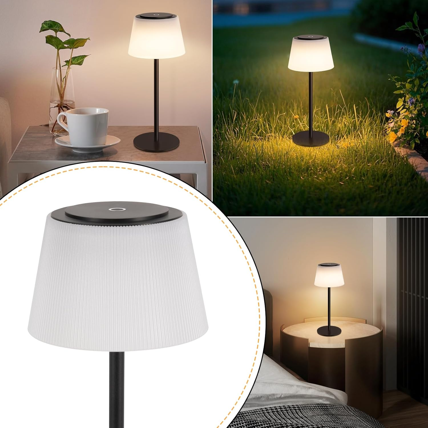 Obrazek przedstawia trzy różne ustawienia lampy. Biały abażur, czarna podstawa.