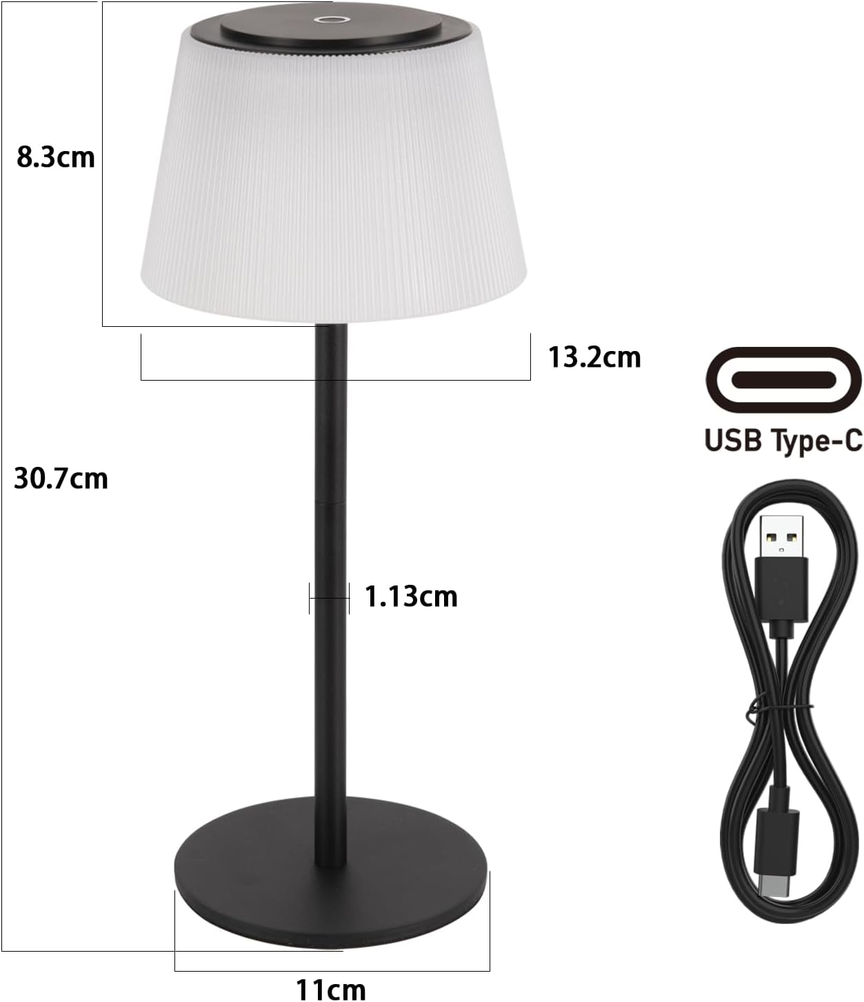 Lampa z białym abażurem, wymiarami i kablem USB typu C.