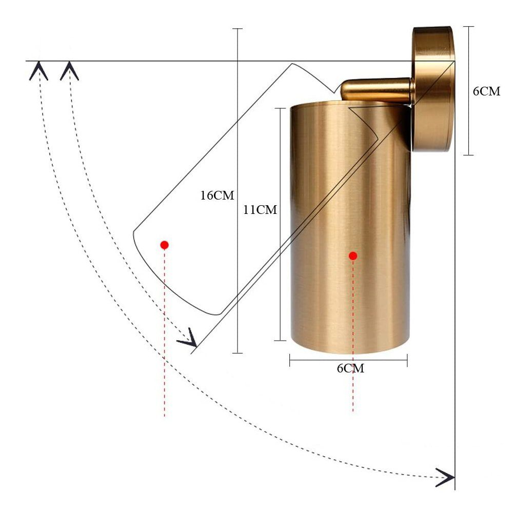 Un diagramma tecnico che mostra un apparecchio di illuminazione cilindrico con dimensioni e un percorso curvo.