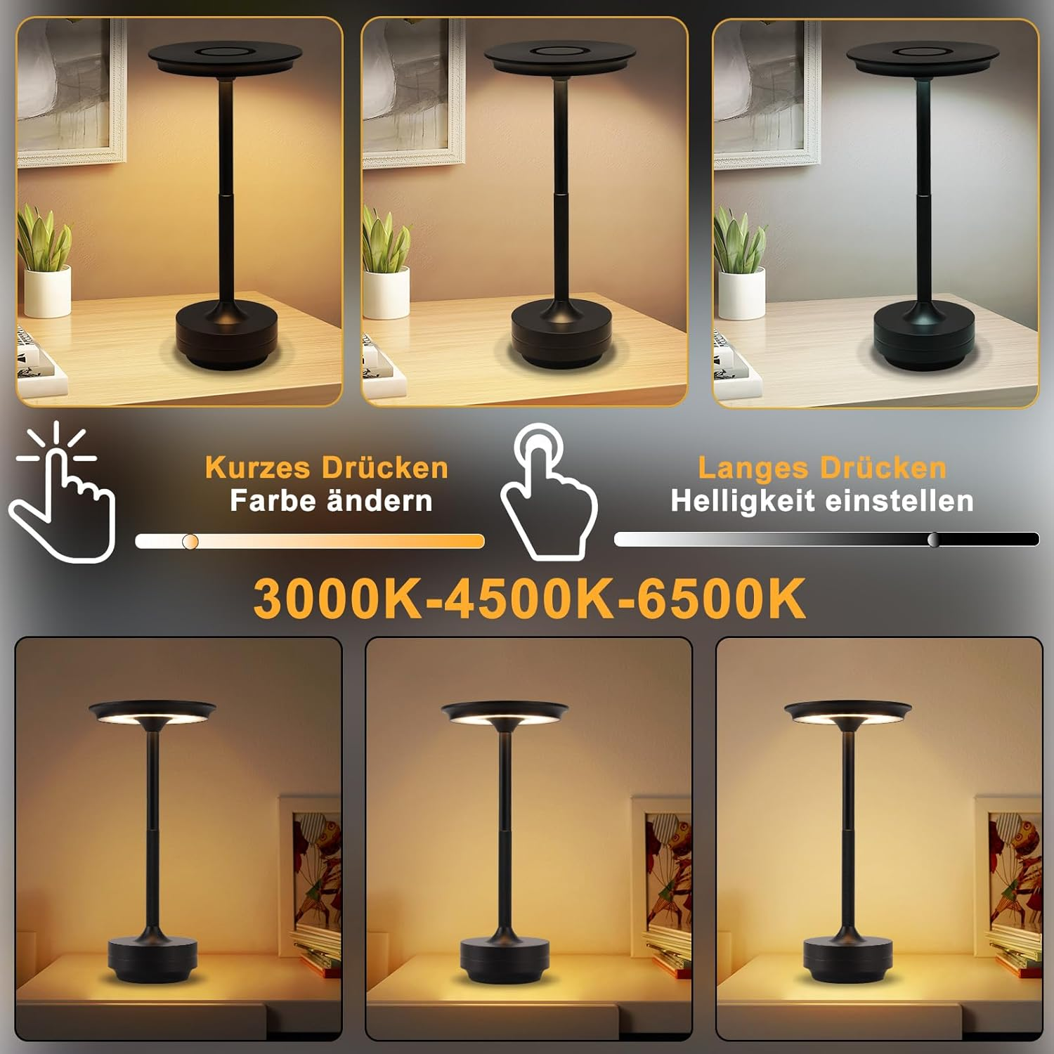 Obraz przedstawiający lampę stołową z regulowanymi ustawieniami światła, pokazujący różne temperatury barw.