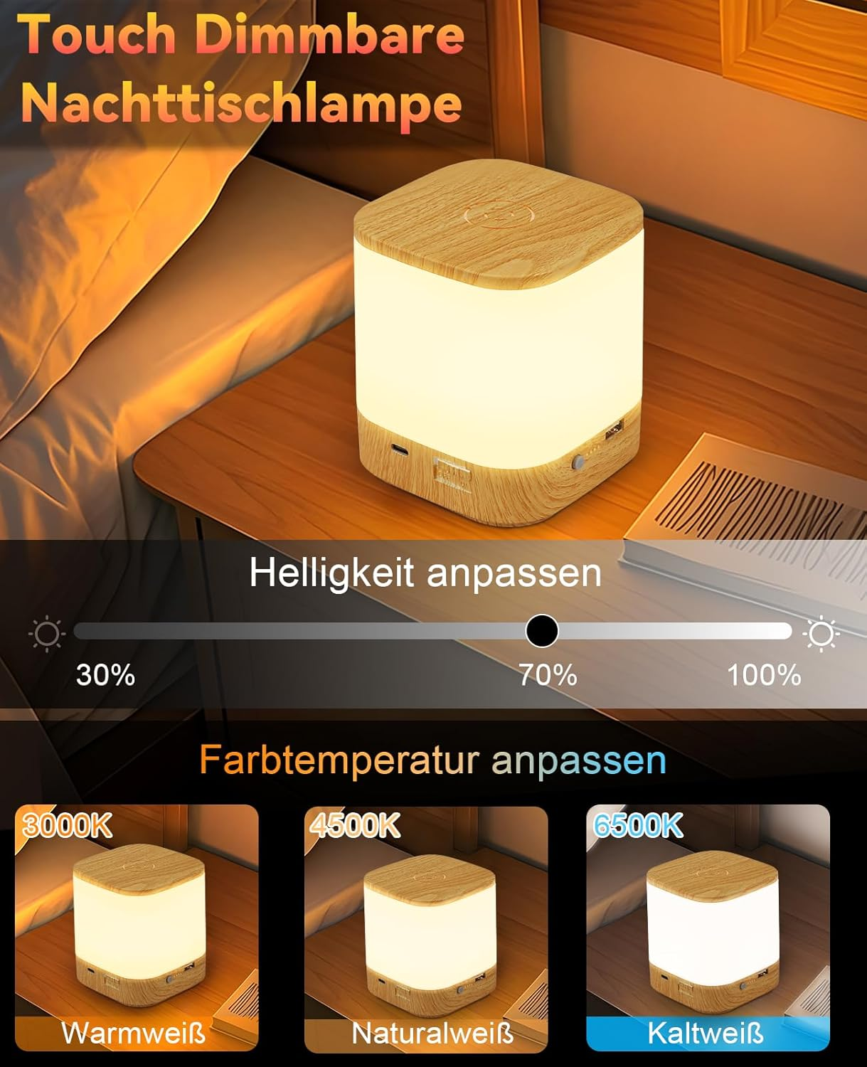 Reklama ściemnianej lampki nocnej, pokazująca opcje jasności i koloru.