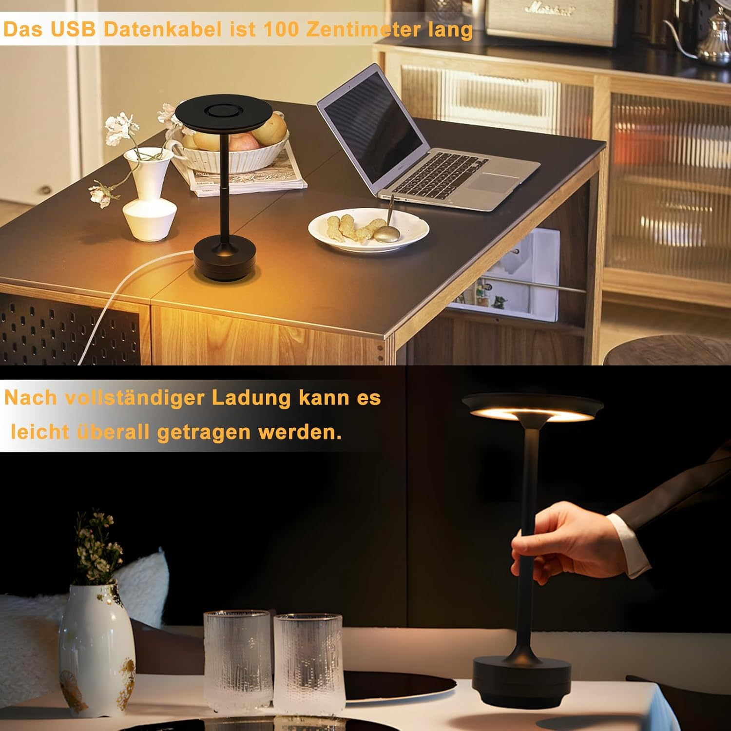 Czarna lampa na stole z laptopem i szklanką. Ręka trzyma lampę.