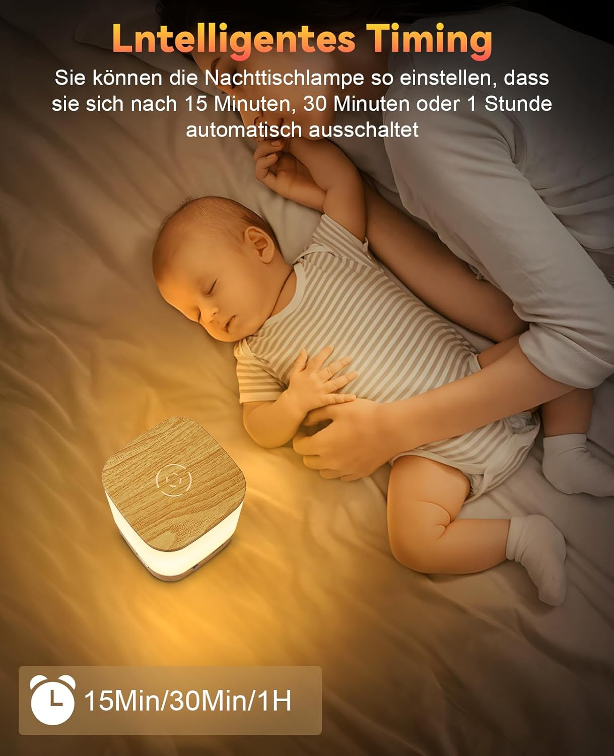 Dziecko śpi obok drewnianej lampy. Tekst wskazuje ustawienia czasu dla lampy.